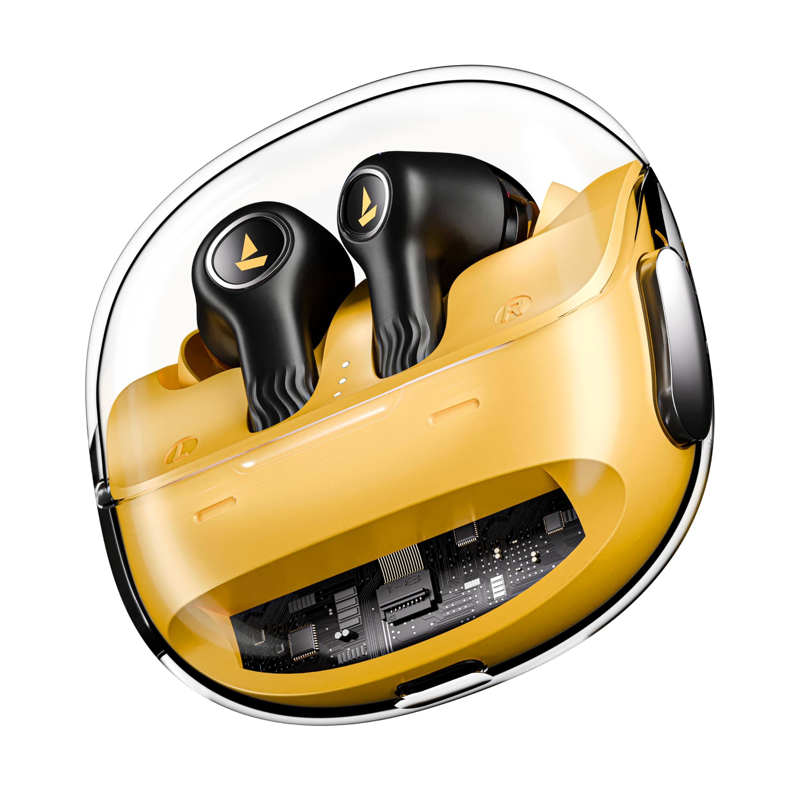 boAt New Launch Nirvana Crystl, Transparent Case,Spatial Audio, ANC(~32dB), 100Hrs Battery,4Mics ENx, Dual Pair,App Support, Bluetooth Earbuds, TWS Ear Buds Wireless Earphones with mic (Yellow Pop)
