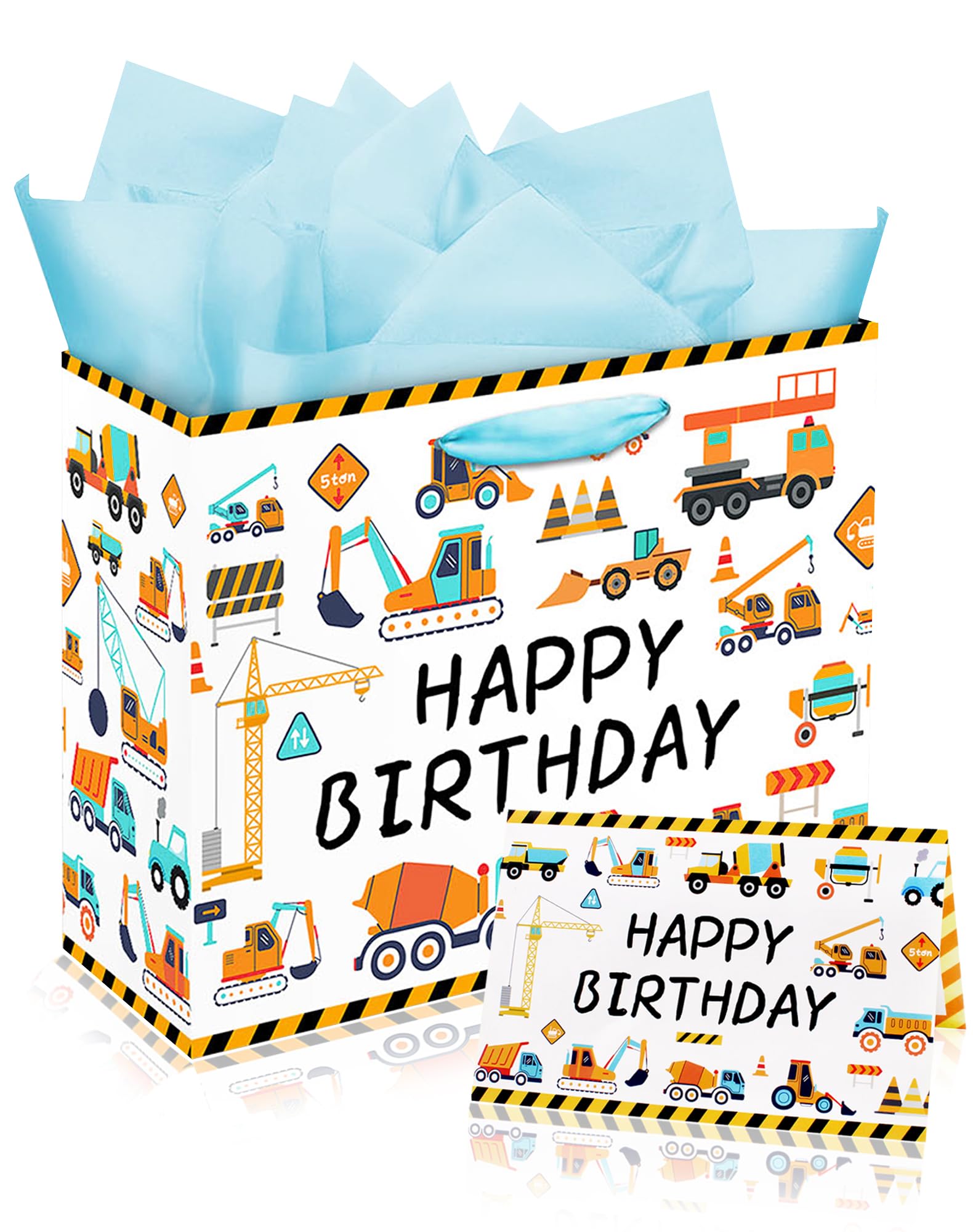 Woohookaka 13" Construction Birthday Gift Bag for Boys, Truck Themed Party Supplies with Tissue Paper & Card, Durable Engineering Vehicles Gift Bag