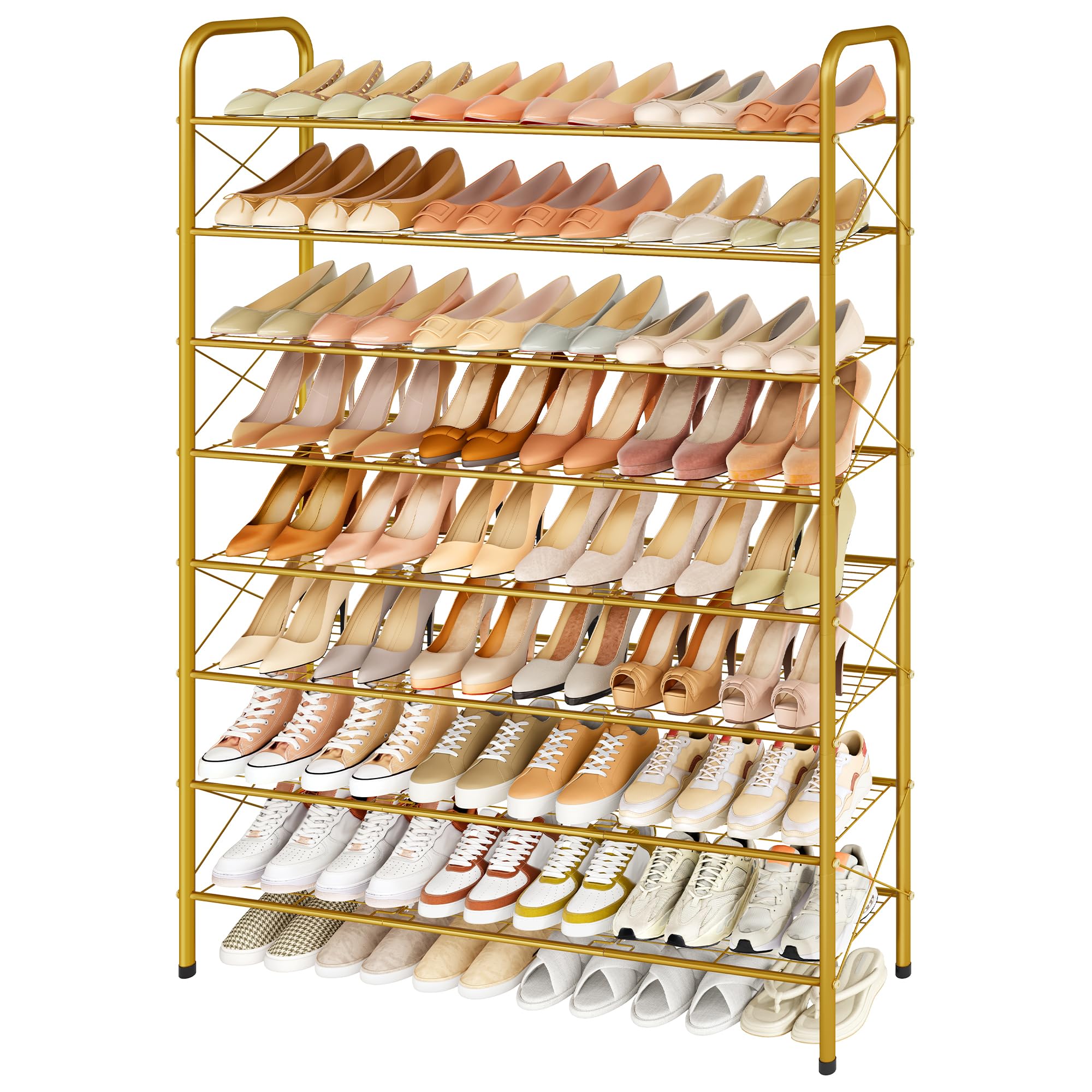 Hoctieon 8 Tier Shoe Rack for Closet, Durable Mesh Style Shoe Rack, Entryway Shoe Shelf, Shoe Storage Organizer for Hallway, Bedroom, Living Room, Wardrobe, Gold