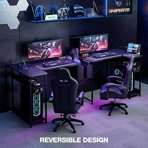 Miniatura 5 de Escritorio pequeño para juegos con tomas de corriente, escritorios en forma de L de 40 pulgadas con estantes reversibles y bolsa de almacenamiento,