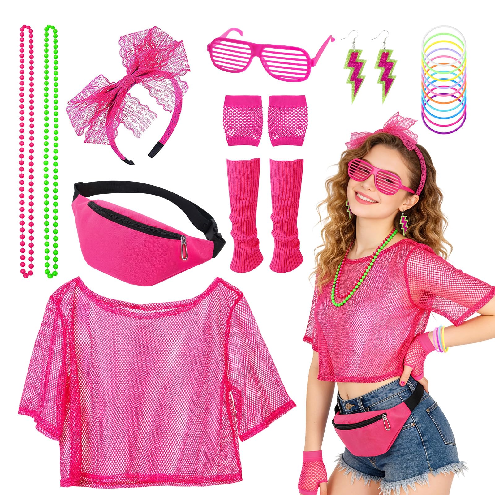 80s Fancy Party Costume Accessories Set, 1980s Neon Outfits with Green fishnet T-shirt Headband Fishnet Sleeves Leg Warmers Glasses Earrings Waist bag Bracelet Necklace for Cosplay Retro Theme Party