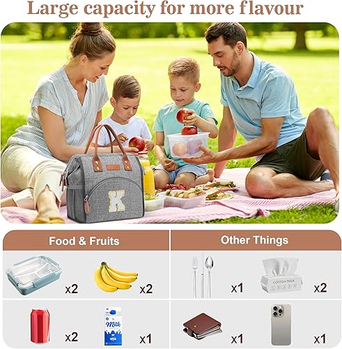Miniatura 4 de LOKASS Lonchera con iniciales para mujeres, bolsa de almuerzo aislada y reutilizable para adultos, para el trabajo, picnic, colegio, regalo