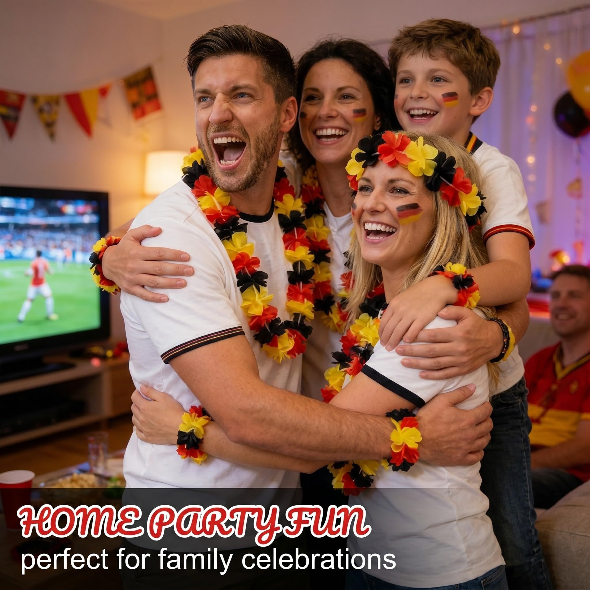 Lot de 3 Sets Collier Hawaien Fleurs Noir Rouge Jaune (12 Pièces), accessoire supporter pour matchs de football, décoration fan de foot pour fêtes, 3 colliers, 3 bandeaux et 6 bracelets