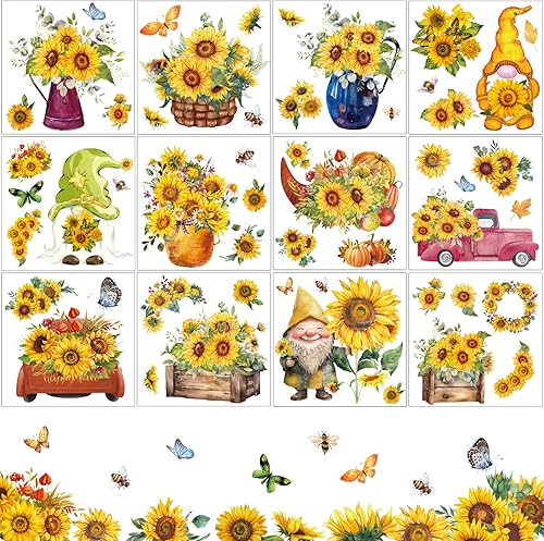 12 hojas de calcomanías de girasol para decoración de girasol, transferencia de Acción de Gracias, vintage, flores, frotar en calcomanías para