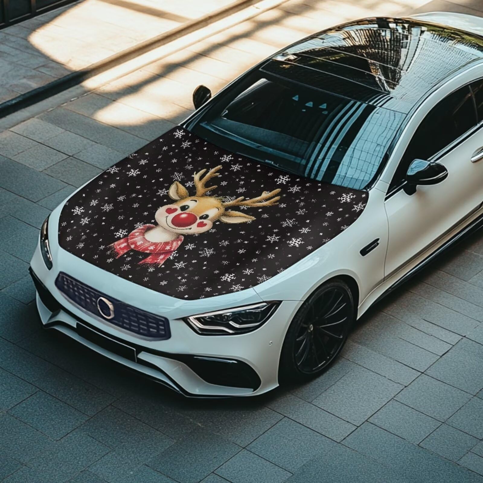 Tomeusey Christmas Deer Snowflakes Car Hood Cover Waterproof Protector with Elastic HemUV Resistant Snow Dust Shield for Sedan — view 2