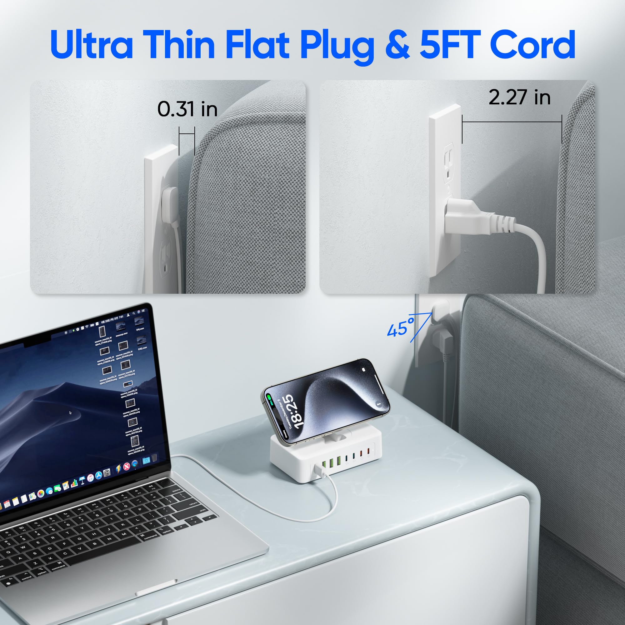 11 w 1 listwa zasilająca USB C, blok ładowarki USB C 160 W, 2 gniazda AC, 4USB-A, 4USB-C do MacBooka, iPhone'a 16/15/14, płaski kabel 1,5 m, ładowarka do komputera
