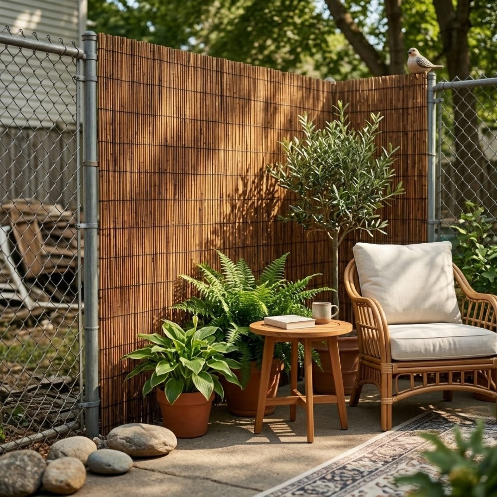 Arella in Canna di Palustre Carbonizzata, Canniccio Naturale 6-10mm con Filo in Nylon, Frangivista per Giardino Balcone e Terrazza, Ombreggiante e Resistente (2.13x6 M)(Naturale,1.22 m H x 6.25 m L)