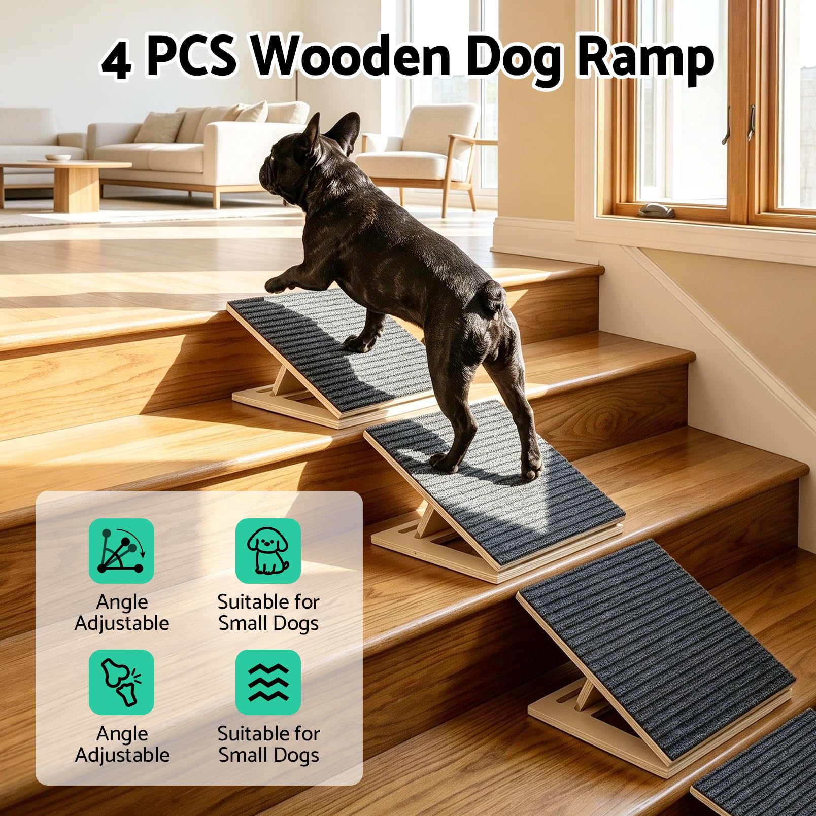 Lot de 4 rampes pour chien, réglables en hauteur, avec surface de tapis antidérapante et rembourrage, en bois, pour petits et grands chiens