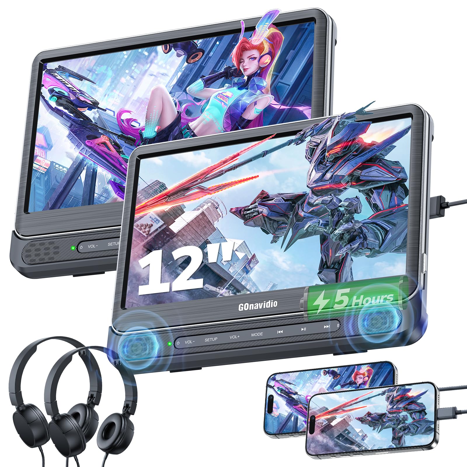GOnavidio 12" Doppio Lettore DVD Portatile per Auto con Ingresso HDMI, Batteria Ricaricabile Incorporata, Lettori DVD per Auto Supporta MP4/Scheda USB/TF, Ultima Memoria