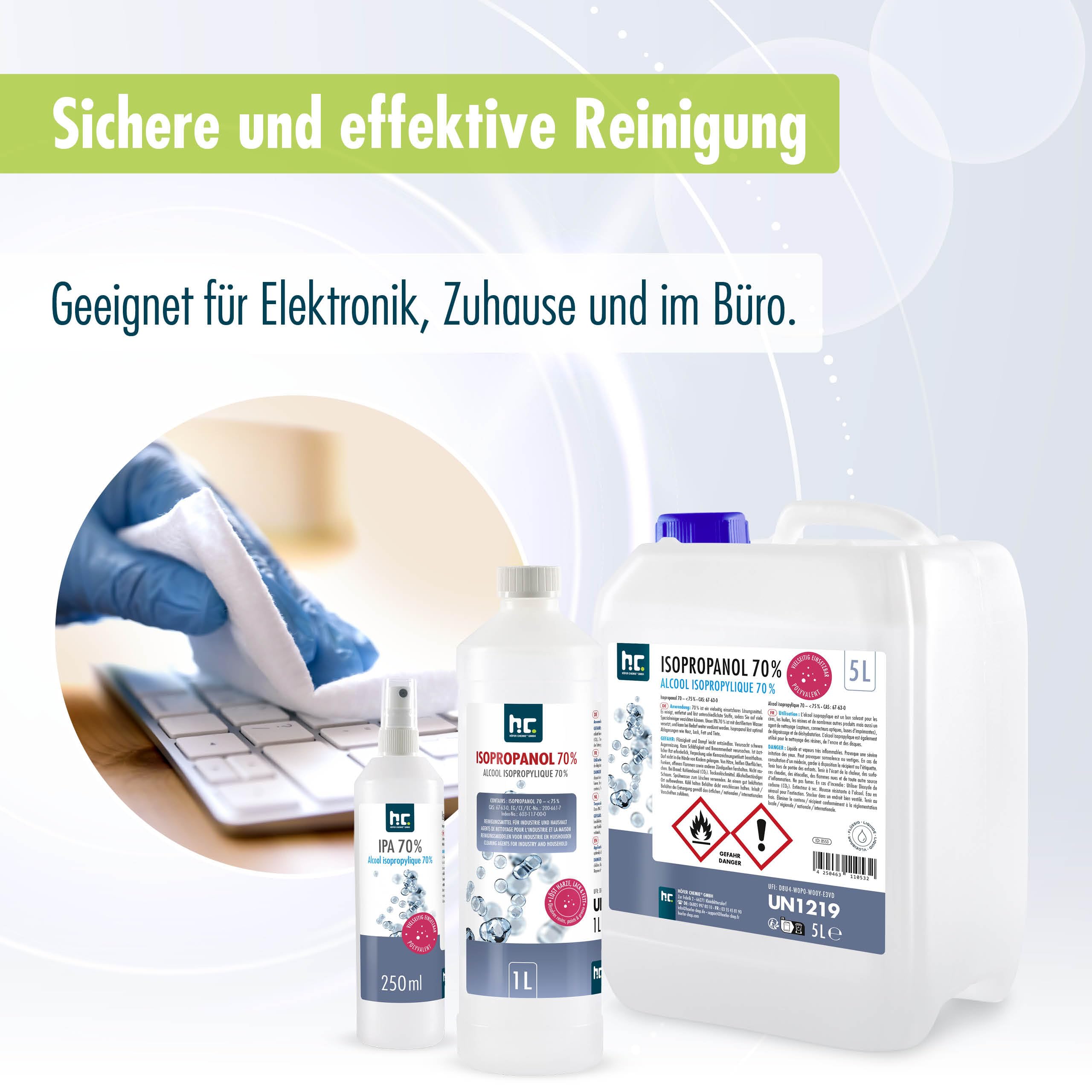 Höfer Chemie 2 x 5L Isopropanol 70% – Isopropylalkohol zum Reinigen und Entfetten von Glas, Displays, Brillen, Schallplatten und Whiteboards – IPA 70 Industriealkohol im praktischen Kanister