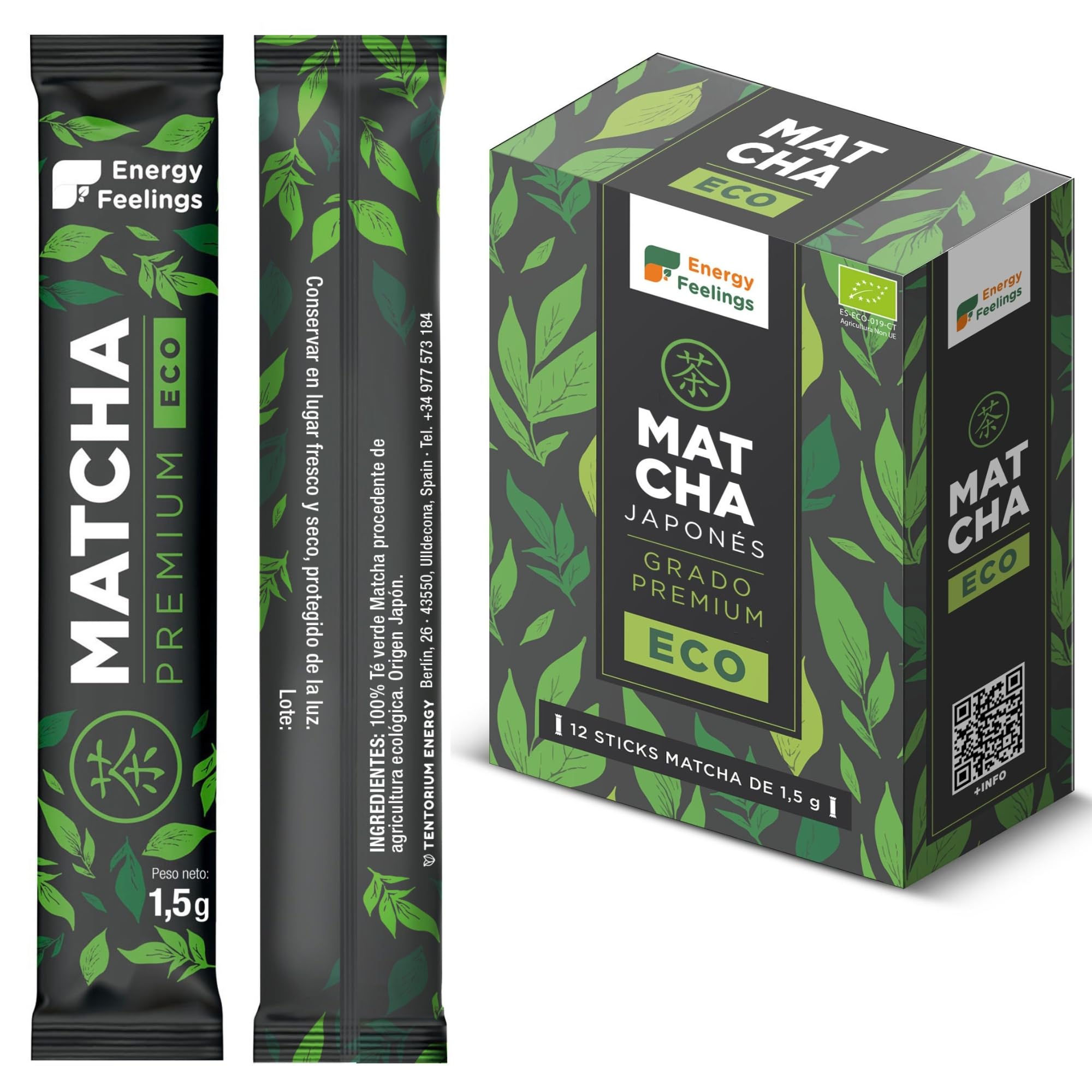 Energy Feelings Té Matcha en Polvo Premium, Pack 36 Sticks Té Verde Matcha Japonés Orgánico Puro, Rico en Antioxidantes Naturales, Green Tea Powder, Ideal para Latte, Vegano, Sin Gluten, Sin Lactosa