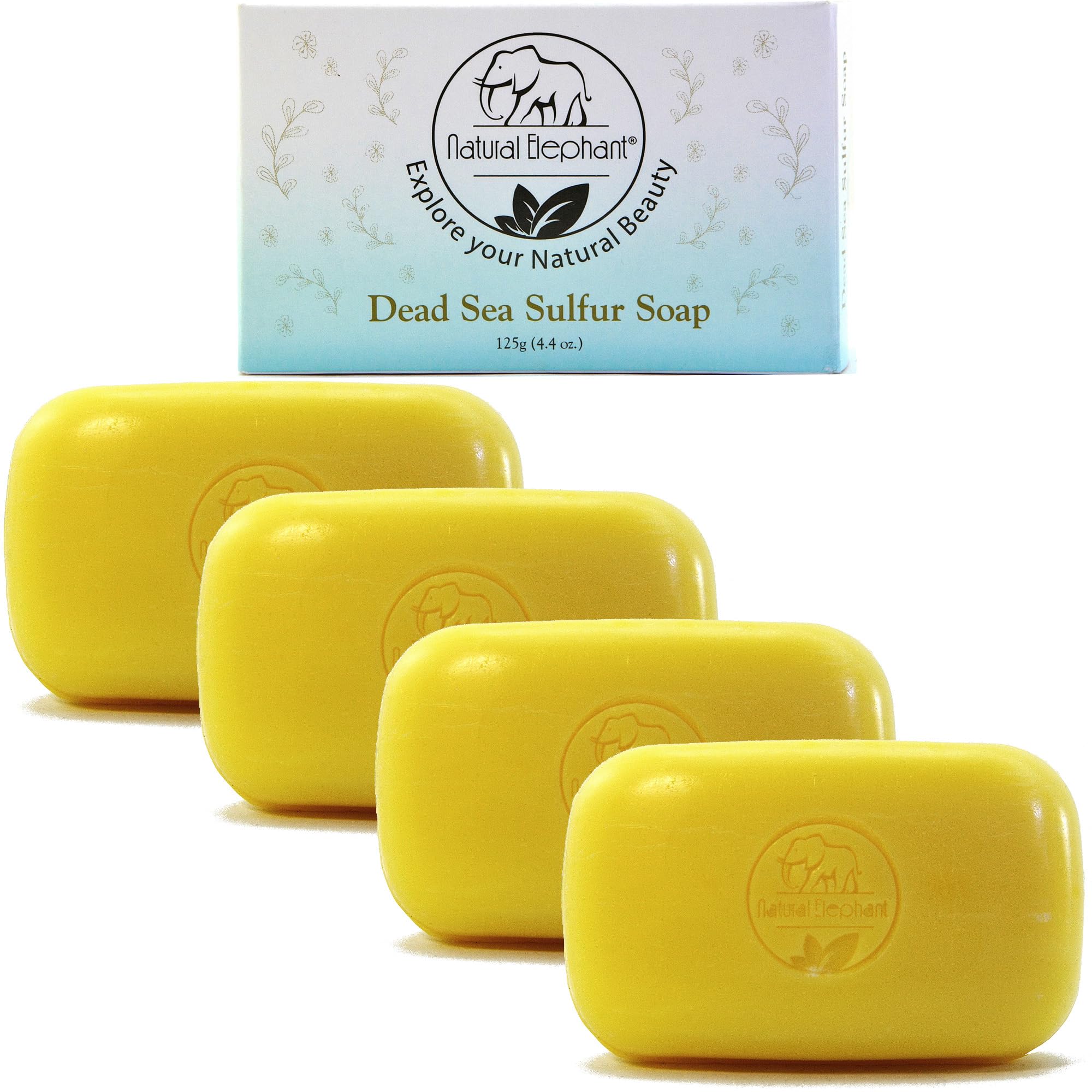 Natural Elephant Dead Sea Sulfur Soap 4.4 oz with Dead Sea Salt, Aloe Vera, Sulphur Face and Body Cleanser for All Skin Types (4 Pack (17.6 oz Total))