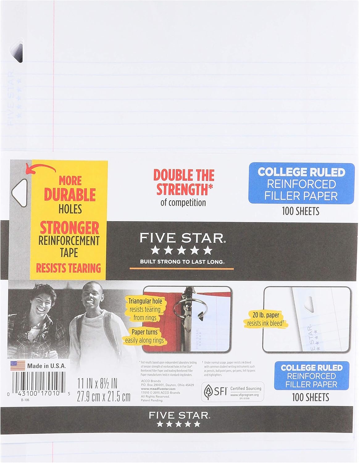 Five Star Filler Paper, College Ruled, Reinforced, Loose Leaf Paper, 11 x 8.5", 100 Sheets/Pack Pack Of 3, 17010 : Office Products