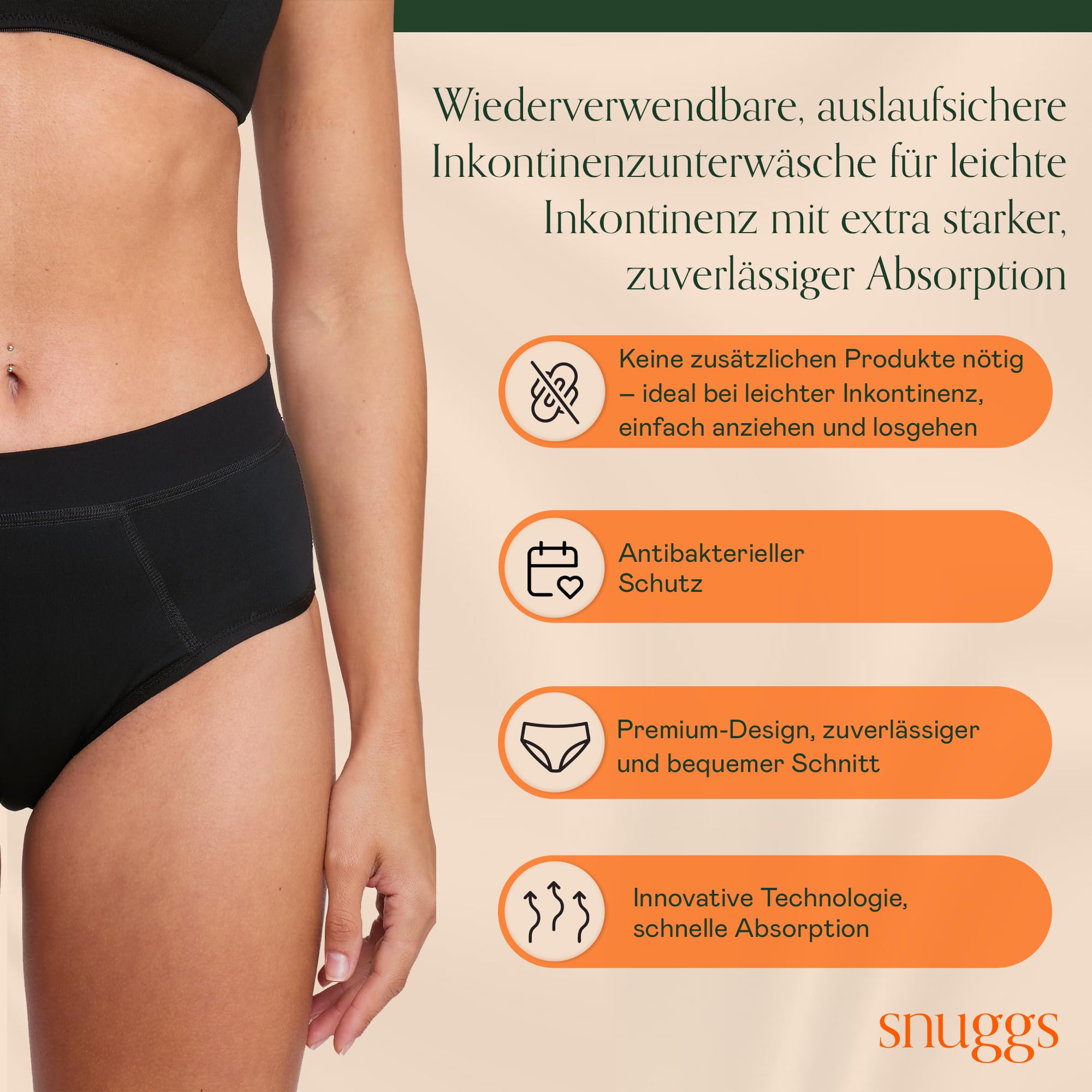snuggs® inkontinenz slip damen – Inkontinenz Unterwäsche Damen, Waschbare Periodenunterwäsche & Inkontinenzslip – Atmungsaktiv, Wiederverwendbar, Waschbar – Bequemer, Sicherer Schutz