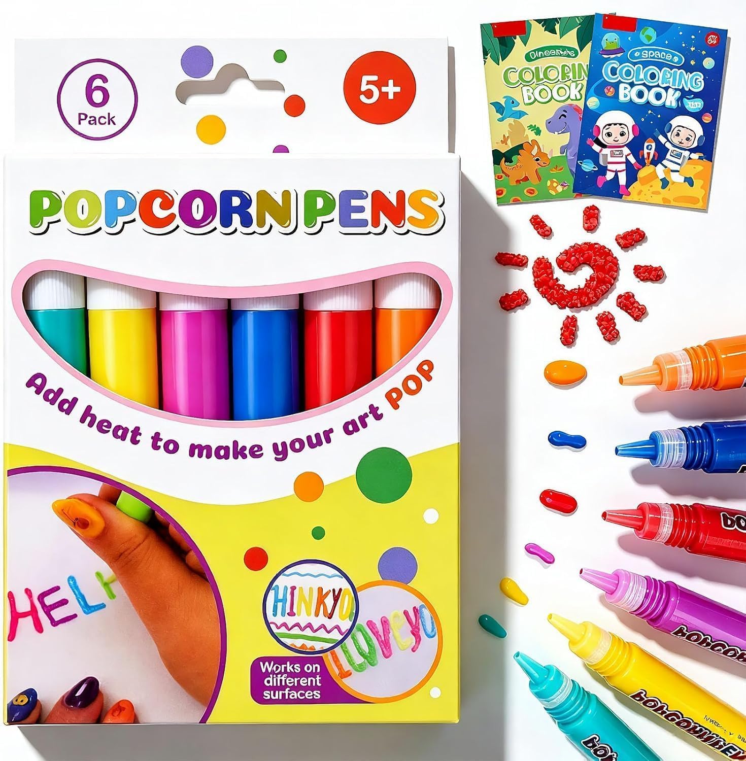 Popcorn Pens for Kids, Popcorn Pens 3D Art Kit Magic PopcornPens Puffy, Washable 6/12 Colors Bubble Pen for Child School Office Gift Set，6Colors*1Set