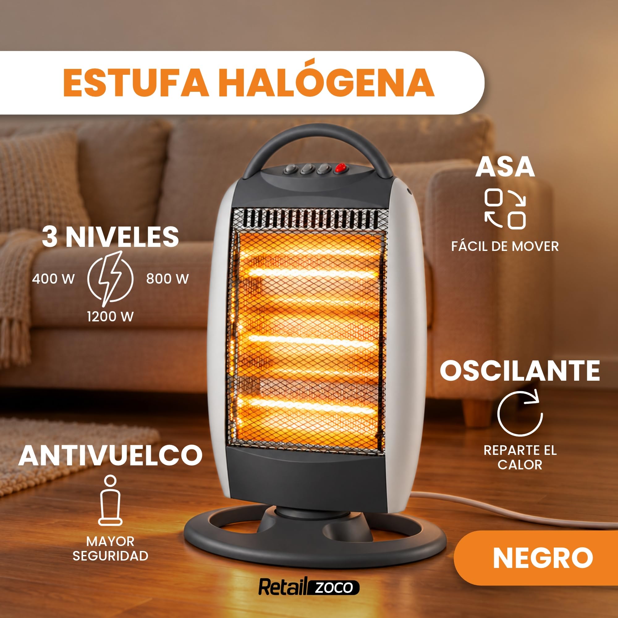 Estufa Halógena Oscilante 400/800/1200 W con Antivuelco y Asa, Negro - imagen 2