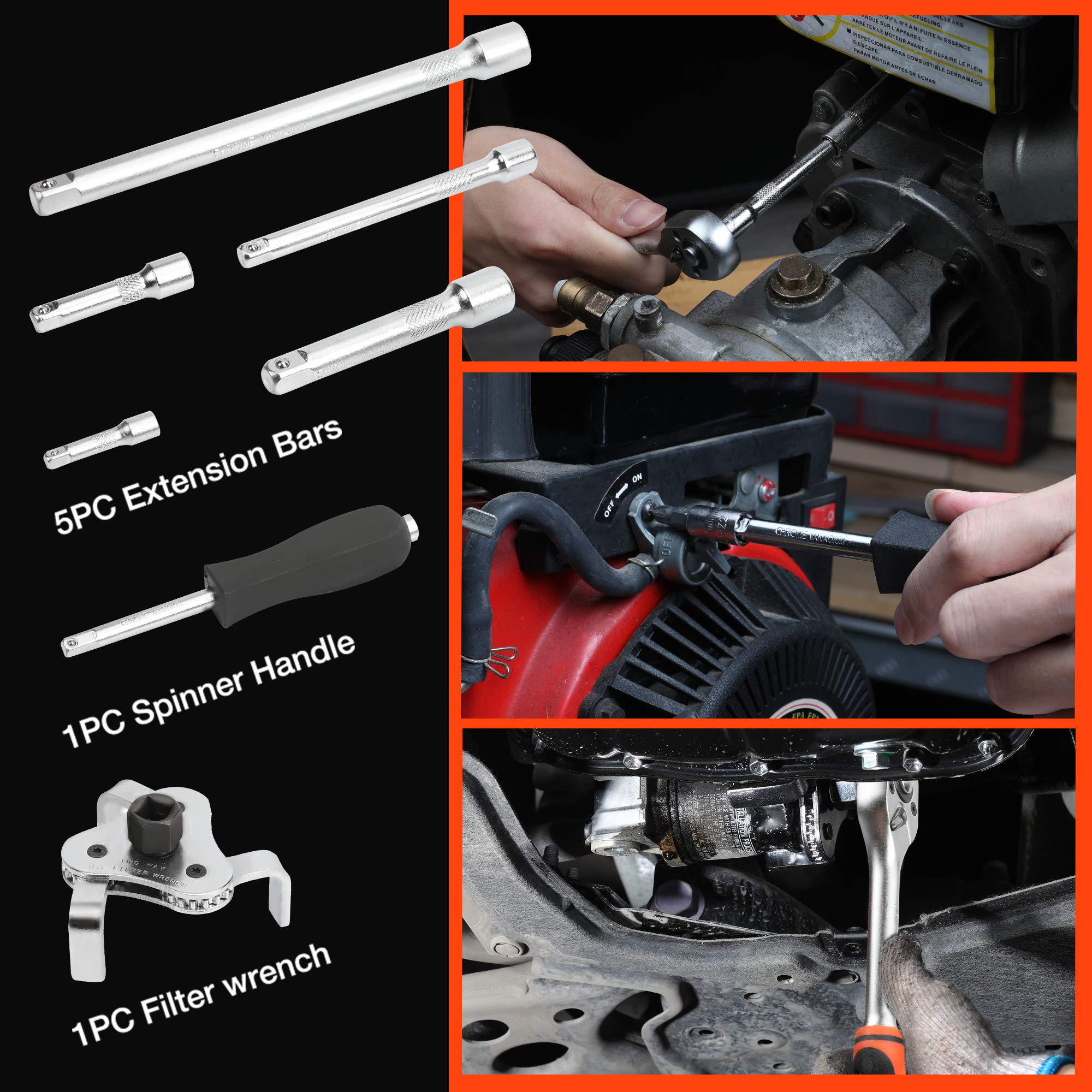 ValueMax Set di Chiavi a Bussola con Cricchetto 122 Pezzi, Custodia Portatile, Maniglia Girevole, Barra di Prolunga, Kit di Attrezzi Meccanici per Auto