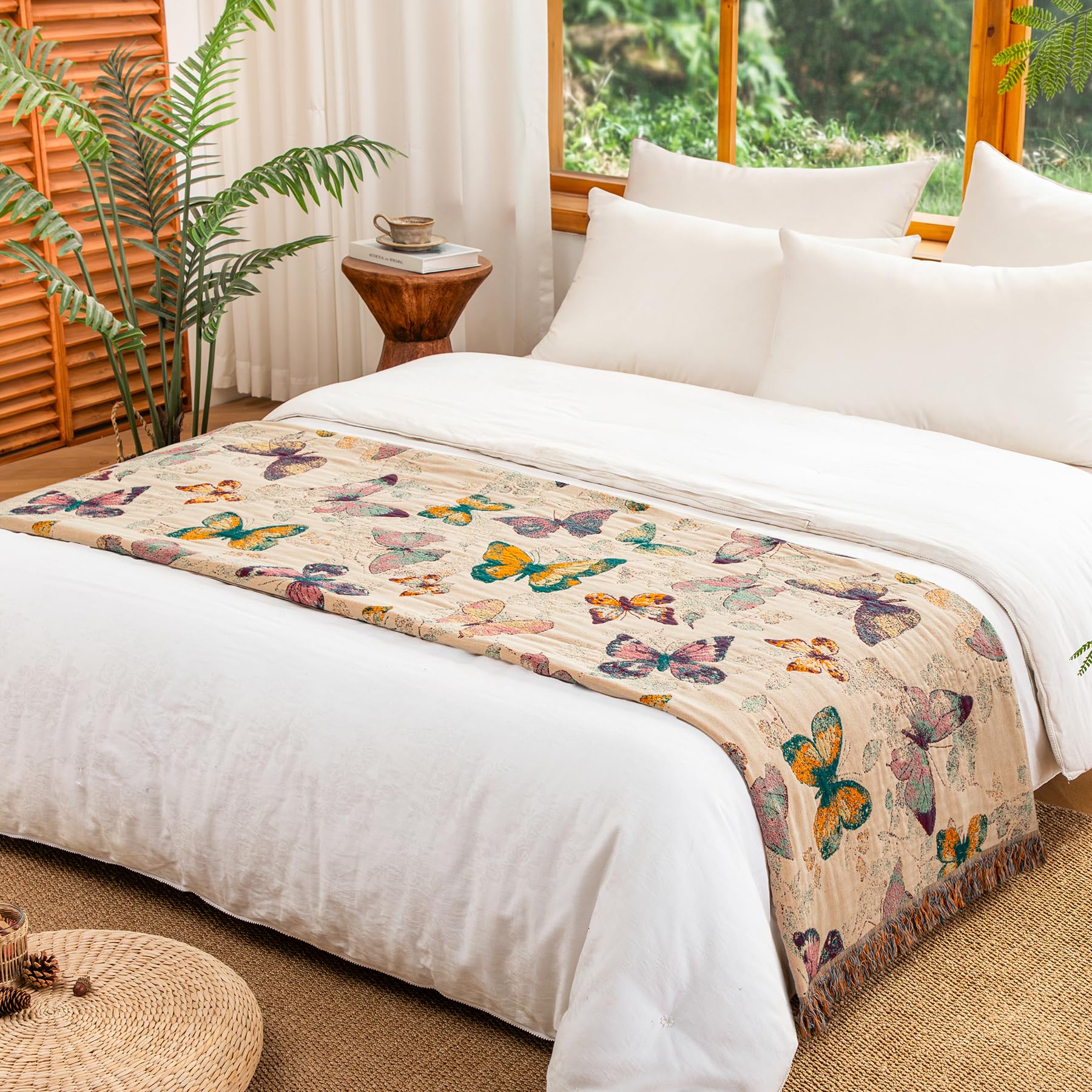 Boho Tagesdecke mit Fransen, 100% Baumwolle Doppelseitige Musselin Decke 230x250cm, Weiche Kuschelige Sofadecke & Bettüberwurf, Atmungsaktiv für Wohnzimmer Schlafzimmer Ganzjährige Nutzung