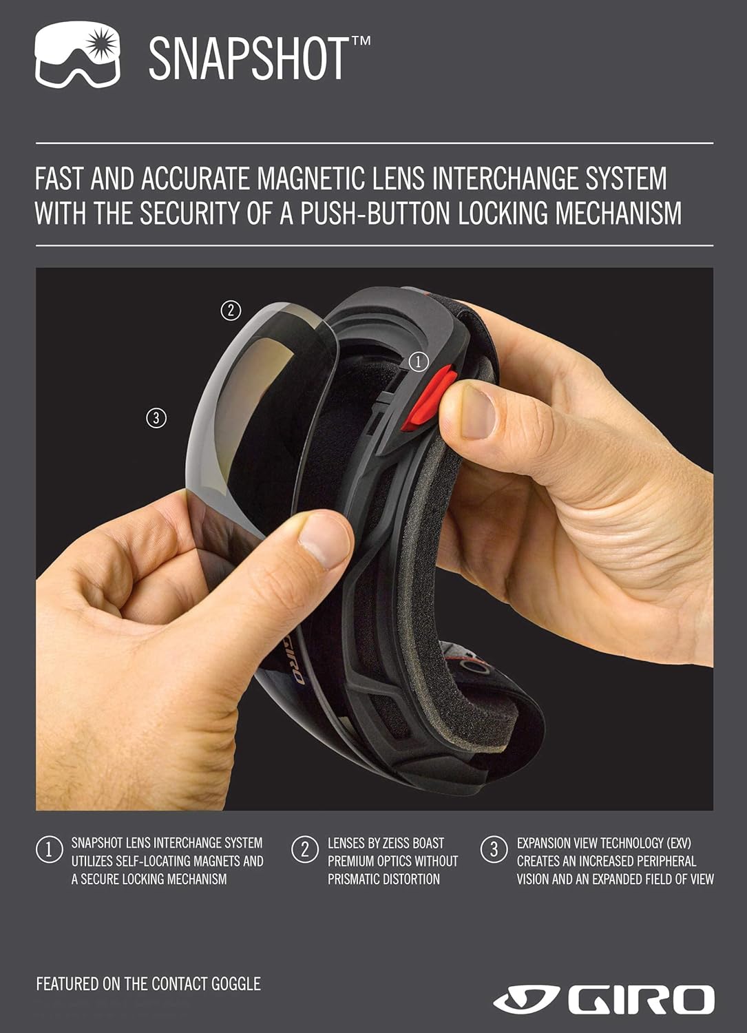 Giro Contact Ski Goggles - Snowboard Goggles for Men & Women- Magnetic Quick Change with 2 Vivid Lenses - Anti Fog Vent Tech Black Techline Vivid Ember/Vivid Infrared