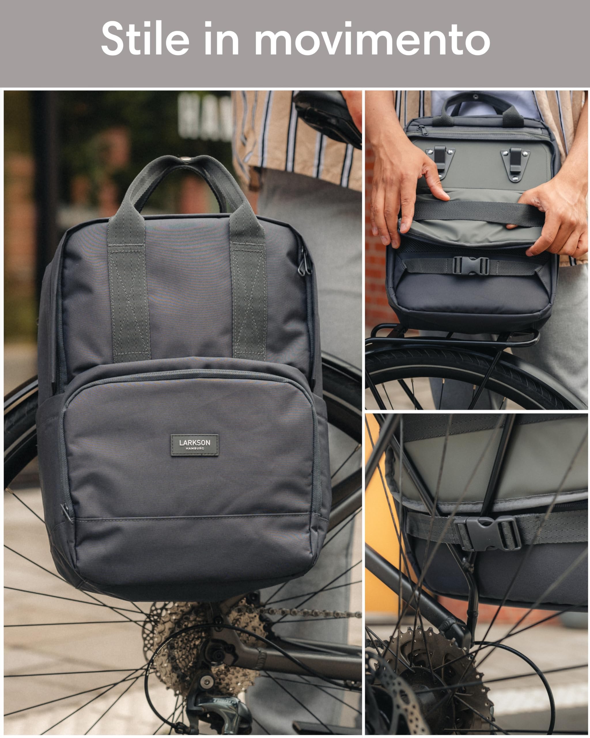 LARKSON Borsa per Bicicletta Nero Riflettente - No 6 Bike - 2 in 1 Borse Posteriori Bici Zaino Scomparto per Laptop da 16 Pollici - Accessori Cestino - Impermeabile