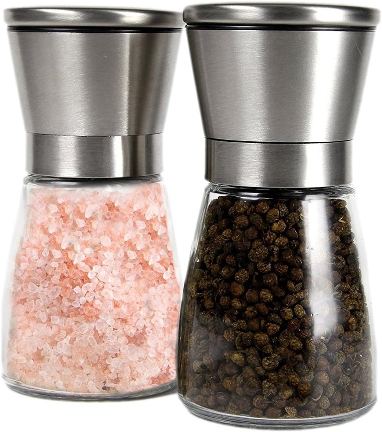 Premium Stainless Steel Salt and Pepper Grinder Set of 2 - Adjustable Ceramic Sea Salt Grinder & Pepper Grinder - Tall Glass Salt and Pepper Shakers - Pepper Mill & Salt Mill By YAMO