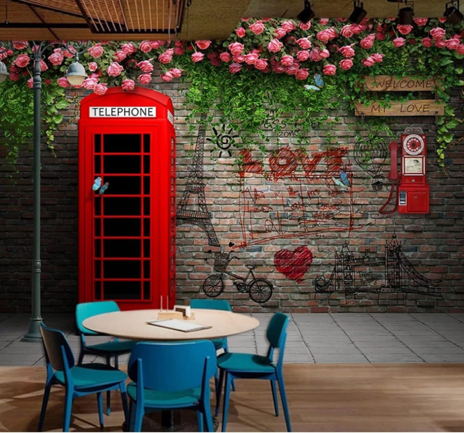 Brick Wall Red Telephone Box Roses Vines 3D Wallpaper Easy Install Feature Office Living Room Sofa Bedroom TV Background Wall Decoration-150cm×105cm