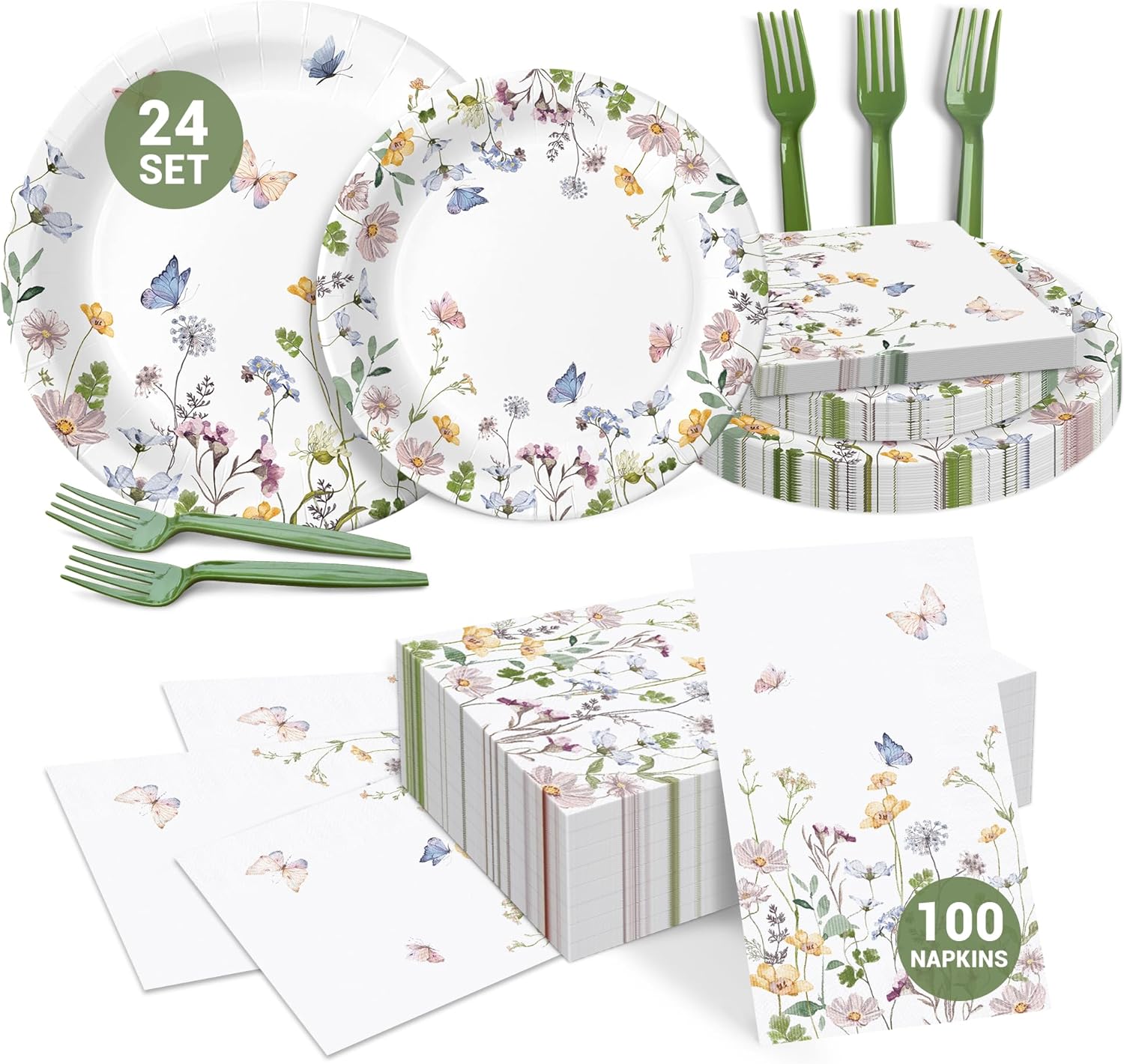 Audree Bundle 96 Pcs Wildflower Party Set & 100 Pcs Disposable Napkin – Floral Paper Plates & Napkins for Wedding, Baby Shower, Birthday, Tea Party – Perfect for 24 Guests