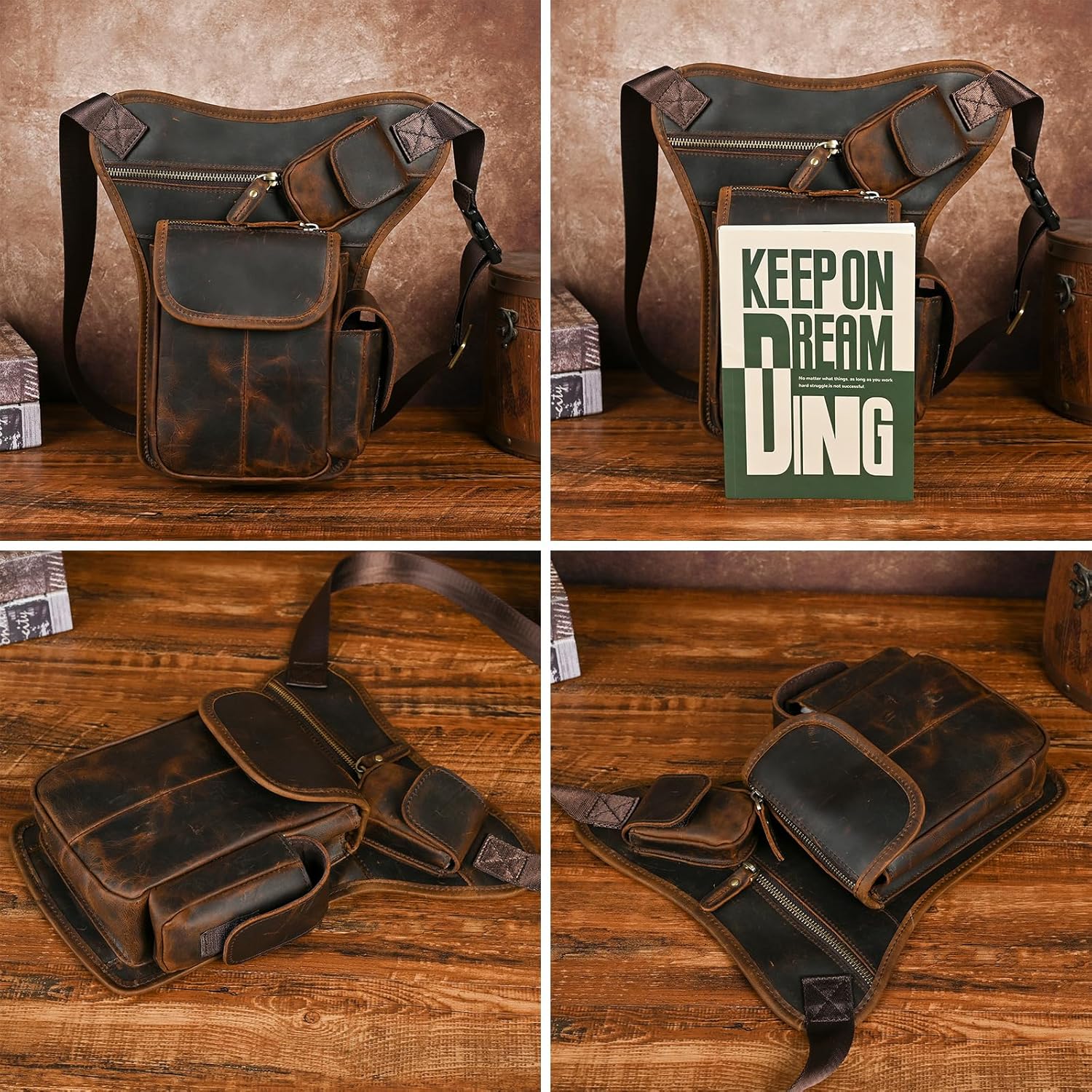 Water Resistant Canvas + Leather Motorcycle Travel Fanny Waist Pack Drop Thigh Leg Bag Pouch For Men Women FB913-5 - Image 5