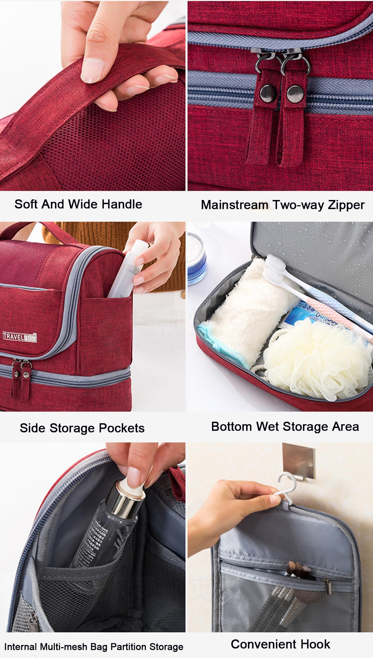 FAVORTALK Hanging Toiletry Bag Red Travel Bag for Toiletries Large Wine Wash Bag Waterproof Cosmetic Organizer for Men Women Zippered Shower Bathroom Bags 9.8x3.9x6.7 Inch - XSB12106 - 4