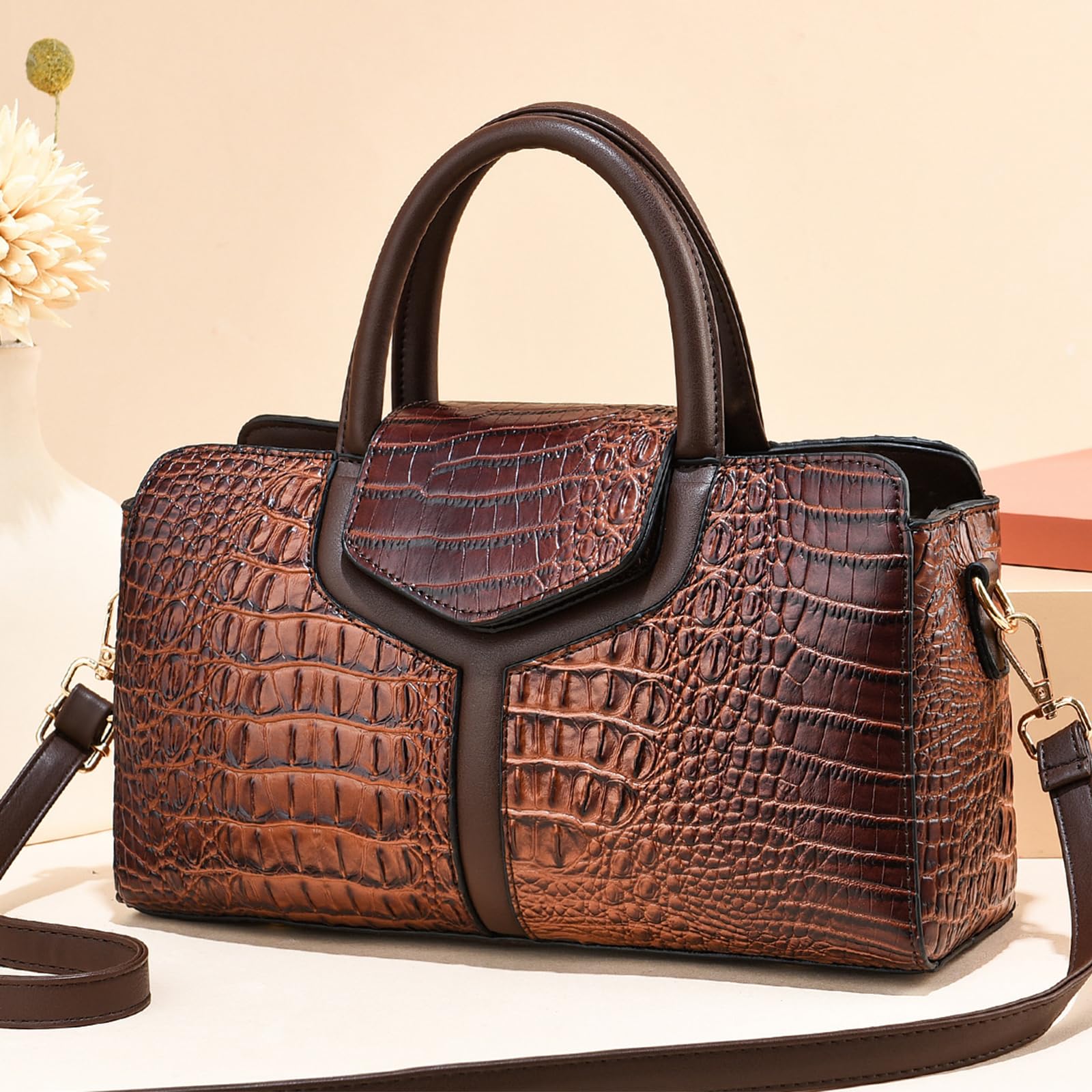 NICOLE & DORIS Handtasche Damen Krokodil Henkeltasche Elegant Schultertaschen PU Leder Umhängetasche Crossbody Bag Frauen Satchel Handtasche Clutch Tasche Kaffee