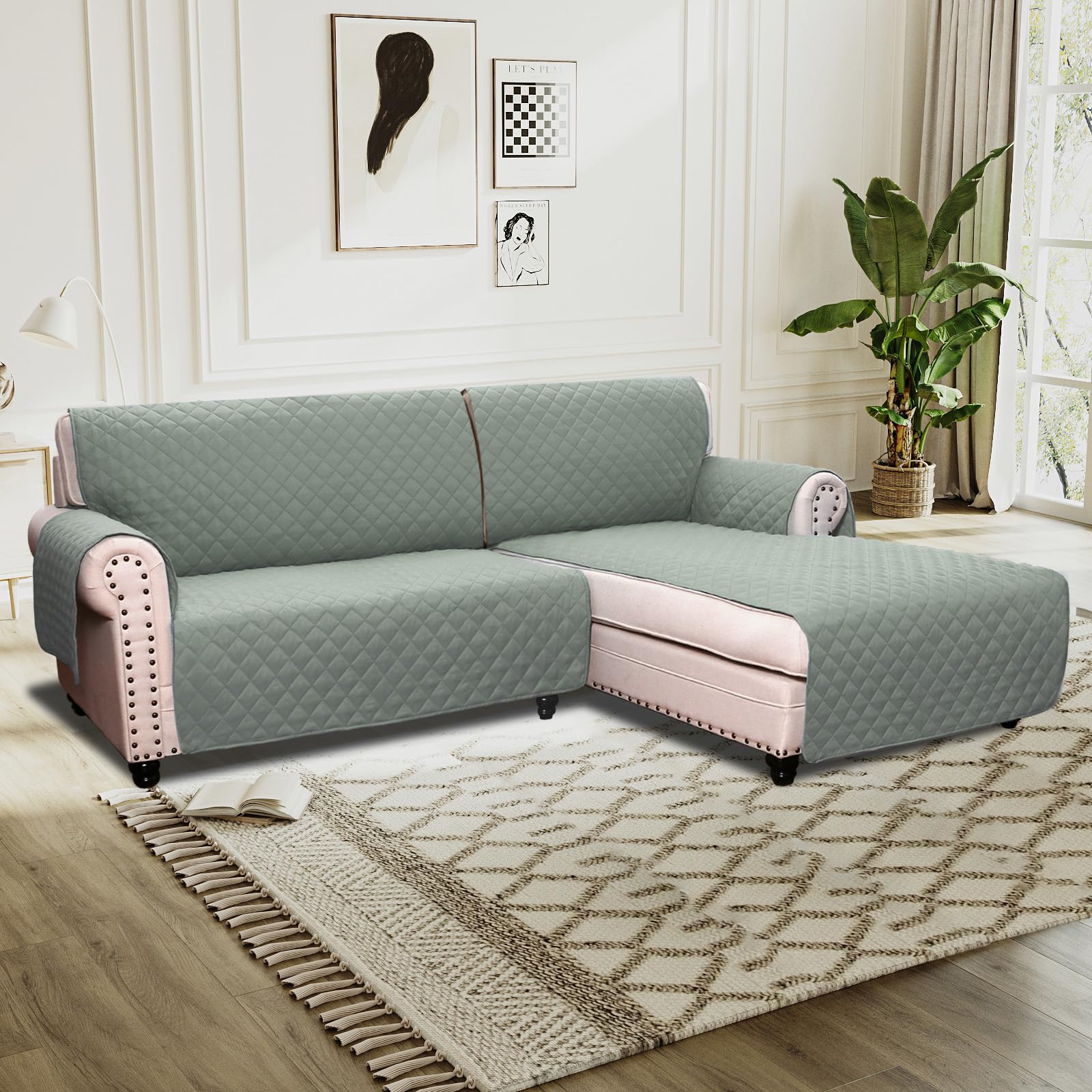 BellaHills Sofa Cover L Shape 2 Piece Couch Cover for Sectional Sofa Non Slip Corner Sofa Cover Water Resistant Chaise Sofa Cover for Dogs (Right Chaise Lounge + 2 Seater, Lily Pad) โ image 1