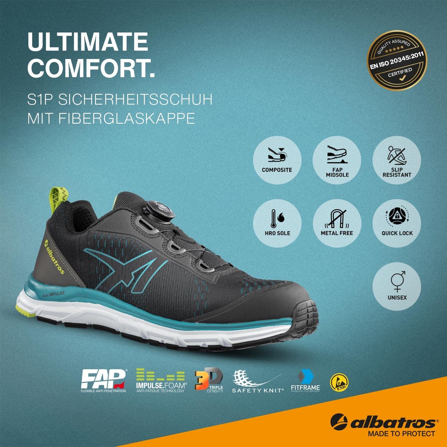 ALBATROS AER55 Impulse Low Scarpe antinfortunistiche da lavoro S1P ESD HRO SRC tappo in fibra di vetro anti-perforazione senza metallo antiscivolo resistente al calore unisex