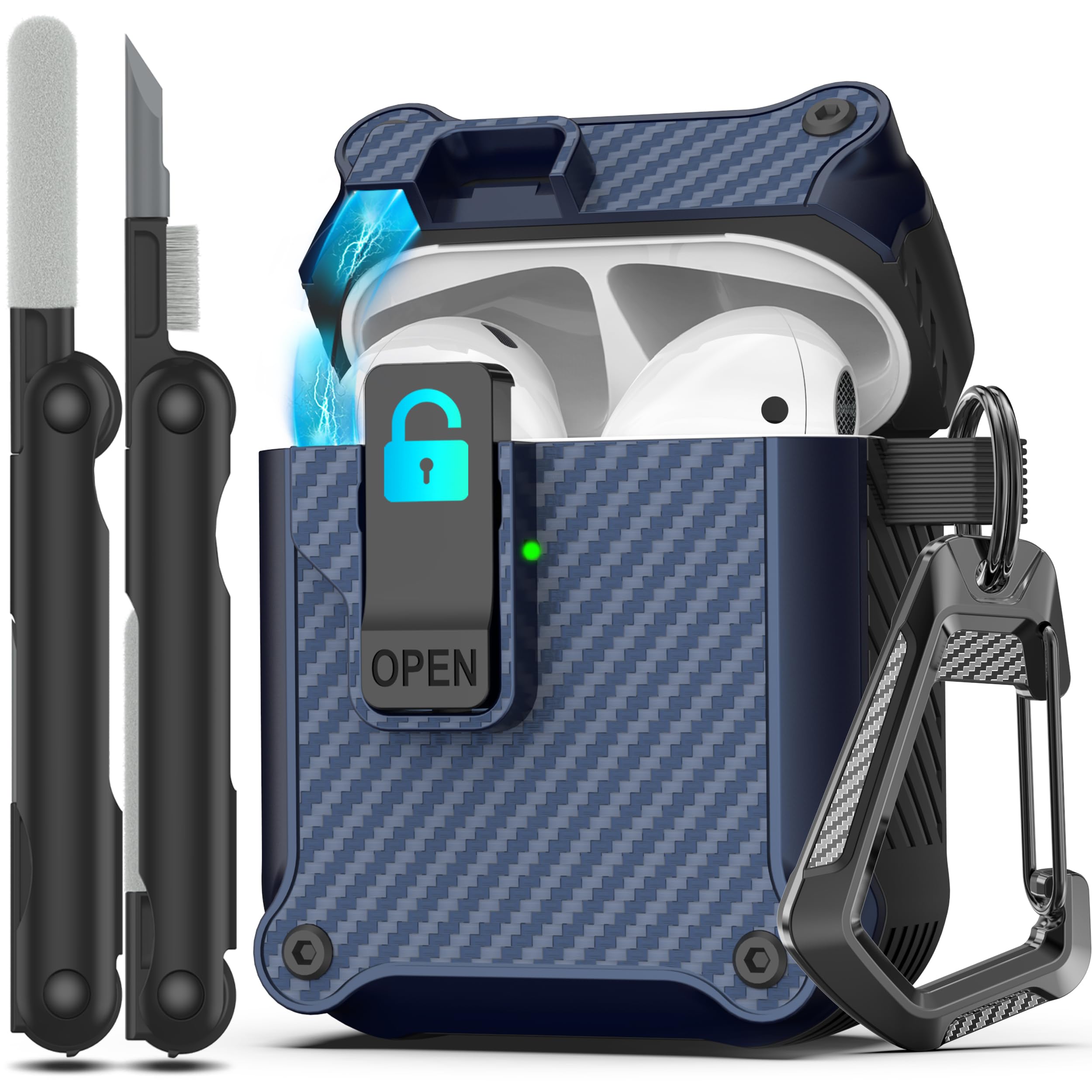 RFUNGUANGO for Airpods 2nd and 1st Generation Protective Cases Automatic Pop-up with Safety Lock Clip, Full Body Shockproof Hard Case with Keychain (