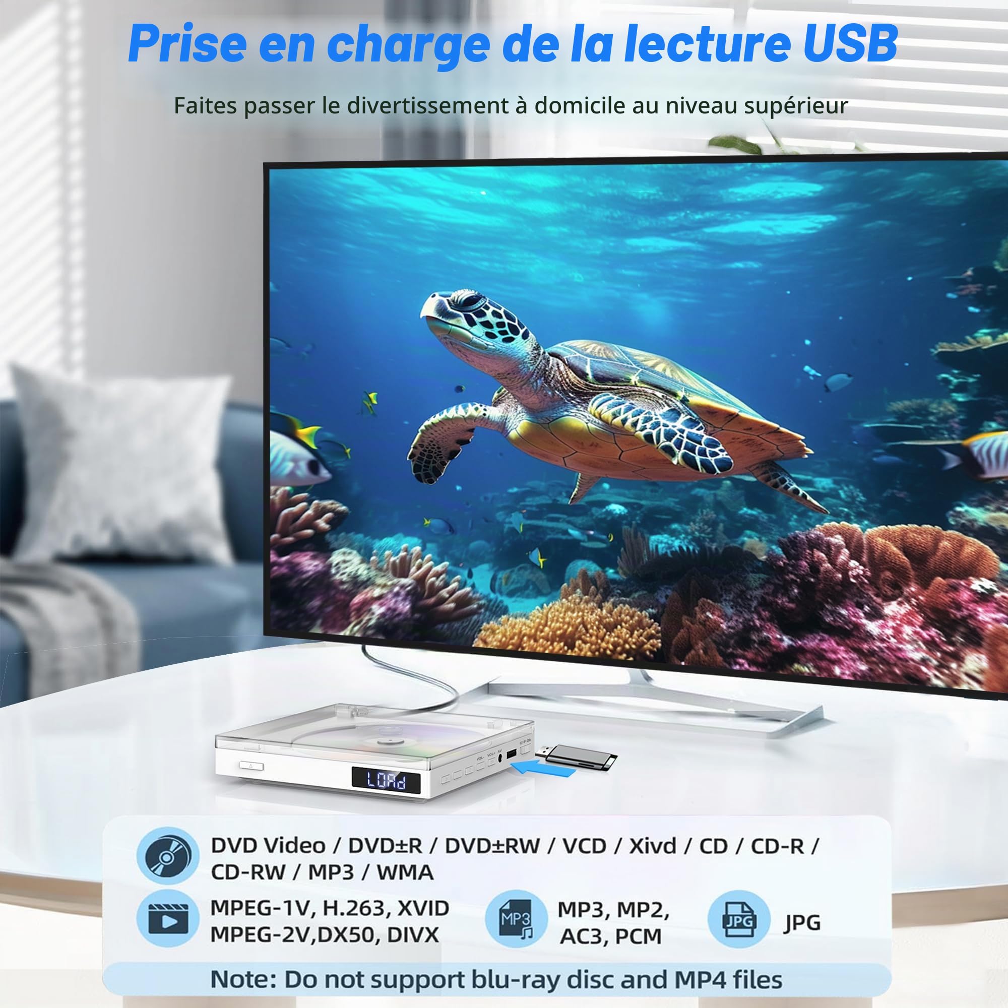 Mini Lecteur DVD Toutes Régions 1080P HDMI AV USB AUX Compact avec Câble HDMI RCA Télécommande
