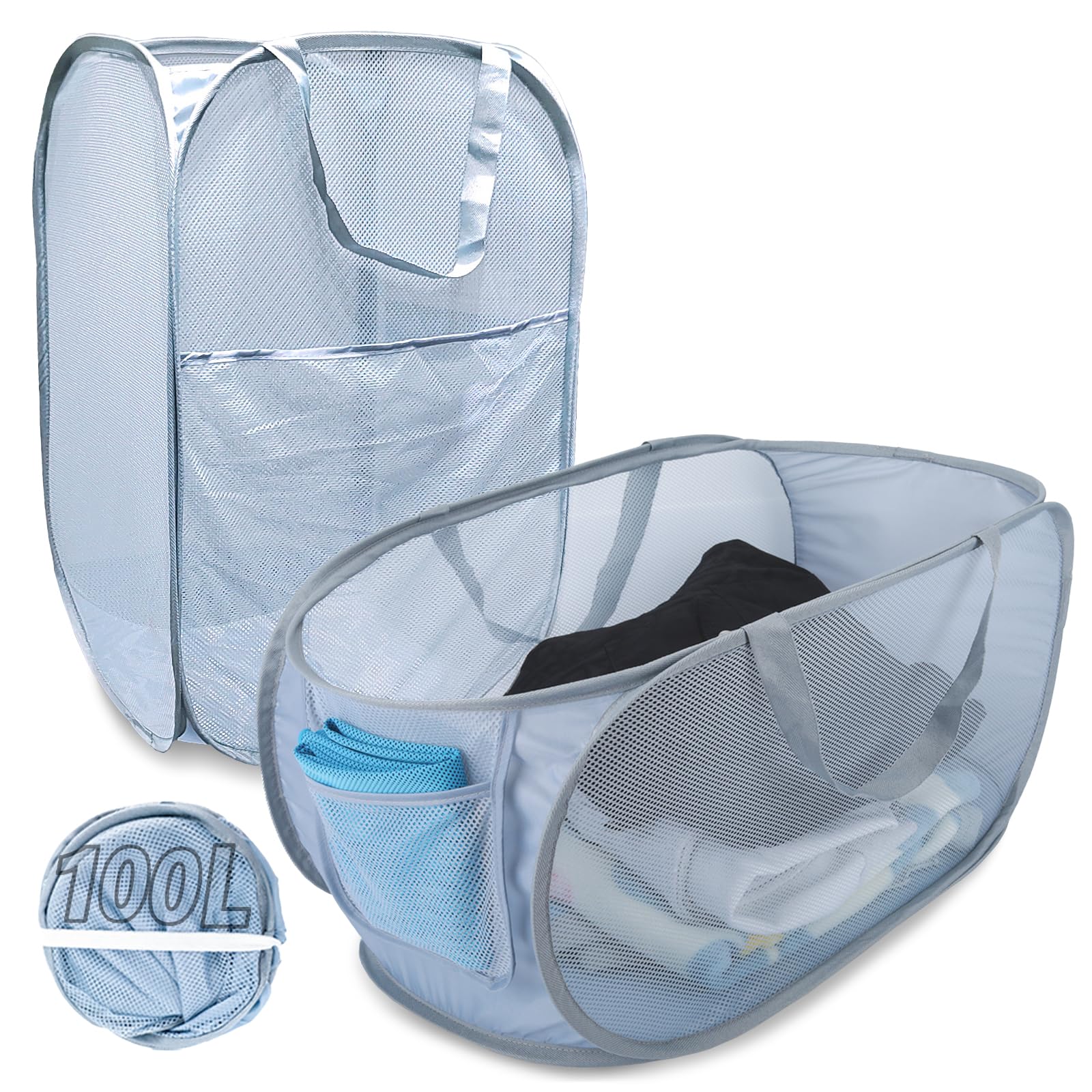 Extra Large Mesh Pop Up Laundry Hamper 2 Pack, 100L Foldable Laundry Baskets, Dirty Clothes Hamper with Pocket, Collapsible Hampers for Travel, Dorm or Home. Grey H+V