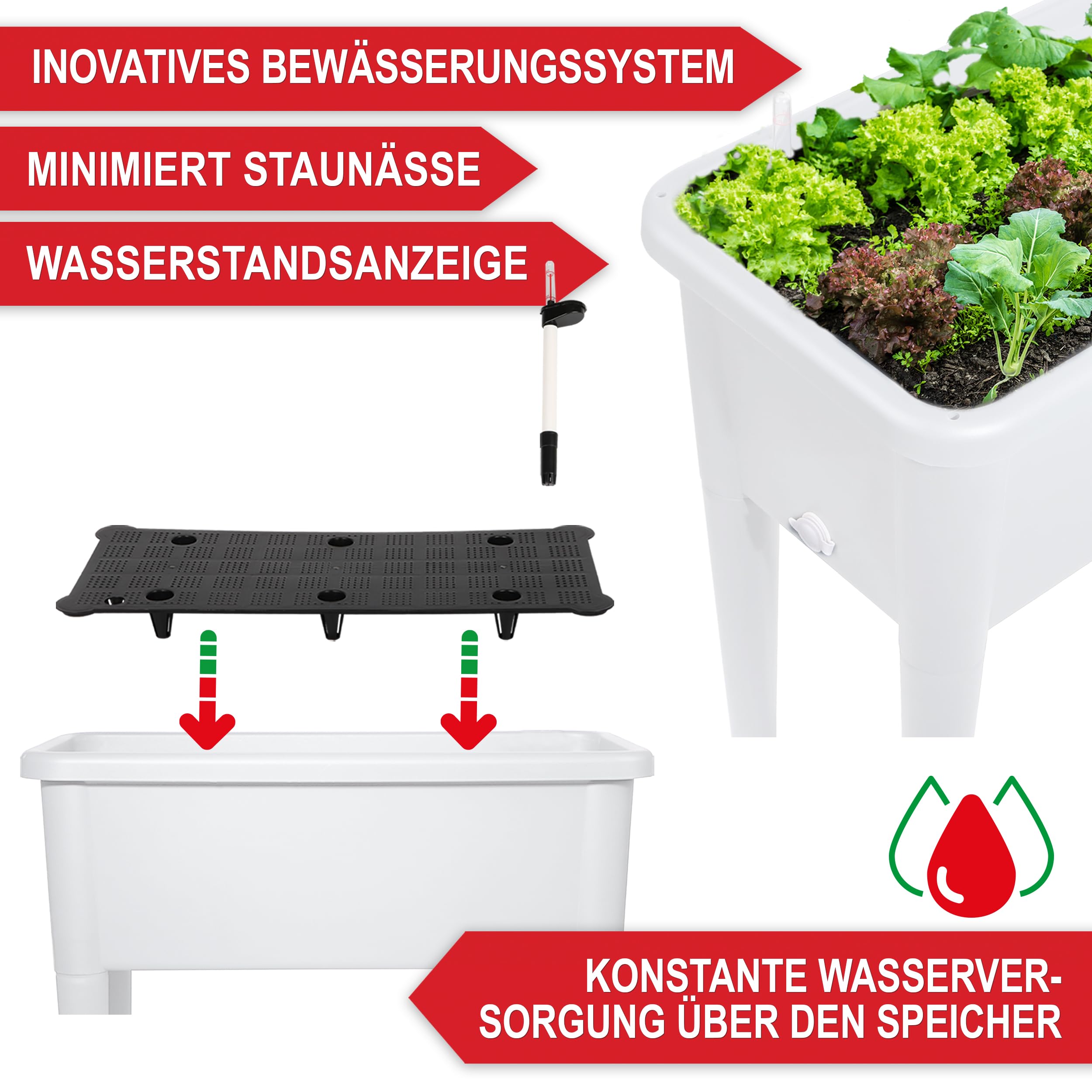 Onbest Hochbeet/Frühbeet – mit Abdeckhaube/Wasseranzeige – aus robustem Kunststoff – ideal für Garten/Terrasse/Balkon – Kräuterhochbeet zur Anzucht – Pflanzkasten inkl. Gartenwerkzeug (Weiß)