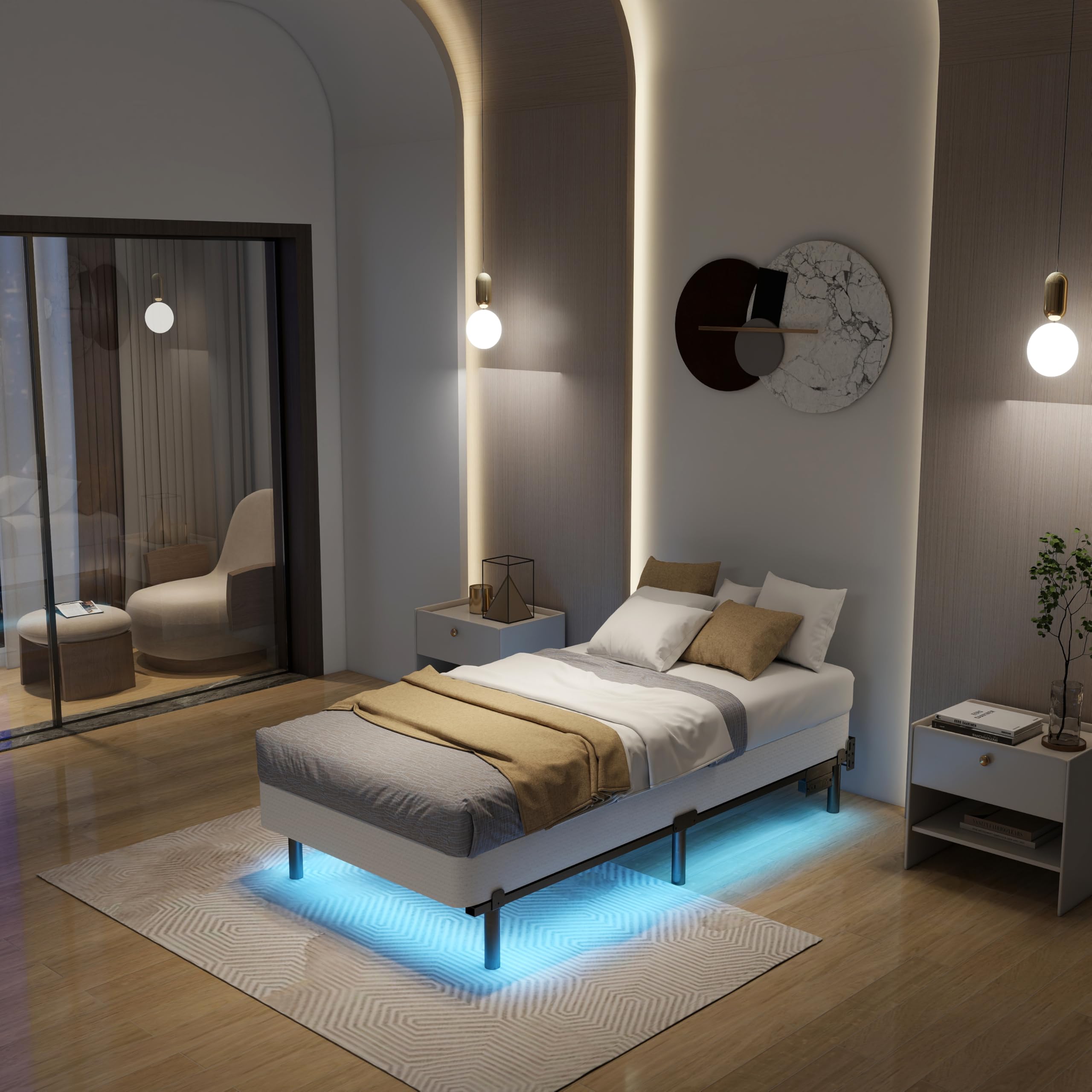 Adjustable Bed Frame with Smart LED Lights Charging Station Sturdy Metal Platform Bed Base for Box Spring Mattress