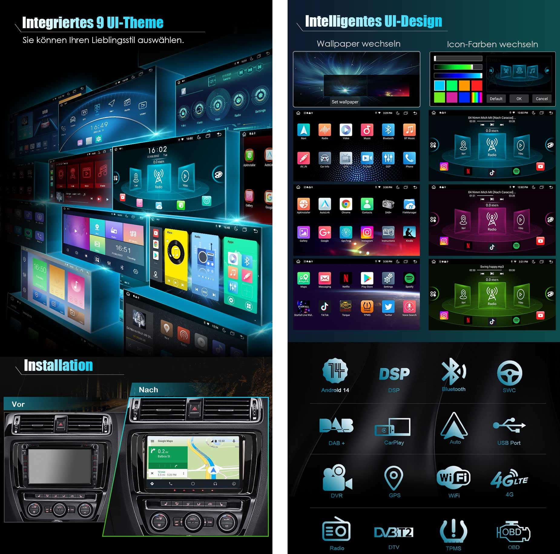 Erisin 8-Core 9 Pollici Android 14 Autoradio per VW Passat Golf 5/6 Touran Skoda Seat Tiguan Jetta T5 Supporta GPS Navigatore CarPlay Android Auto DSP SWC DAB+ Bluetooth WiFi USB OBD2 ADP2 4GB+64GB