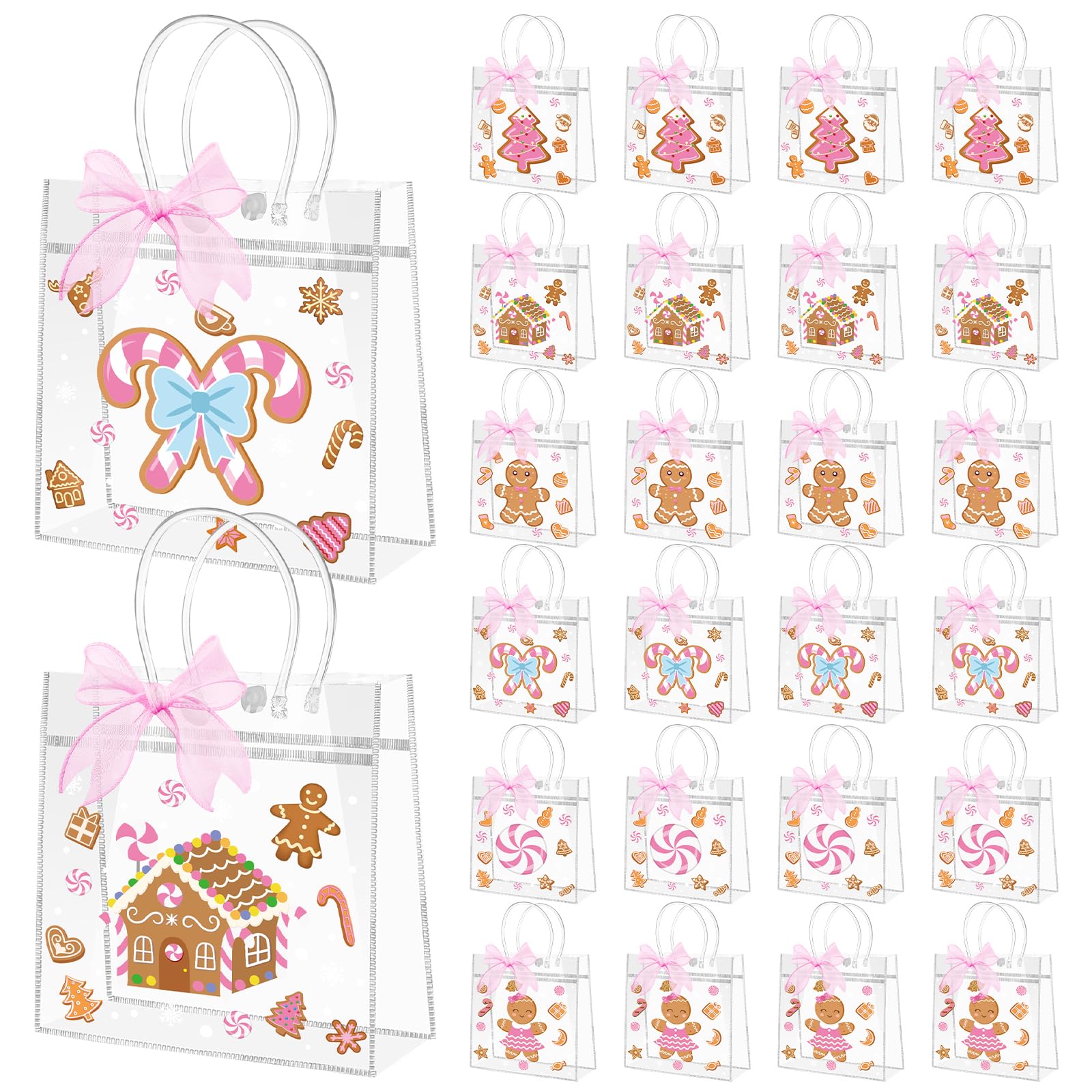YXSJAS 24Pcs Back To School Clear Gift Bags with Handle&Pink Bow Ribbon,PVC Bag,Theme Plastic Totes Bag,Candy Goodie Treat Totes,Reusable Gift Wrap Tote Bags for Party,7.9''x7.9''x3.1''