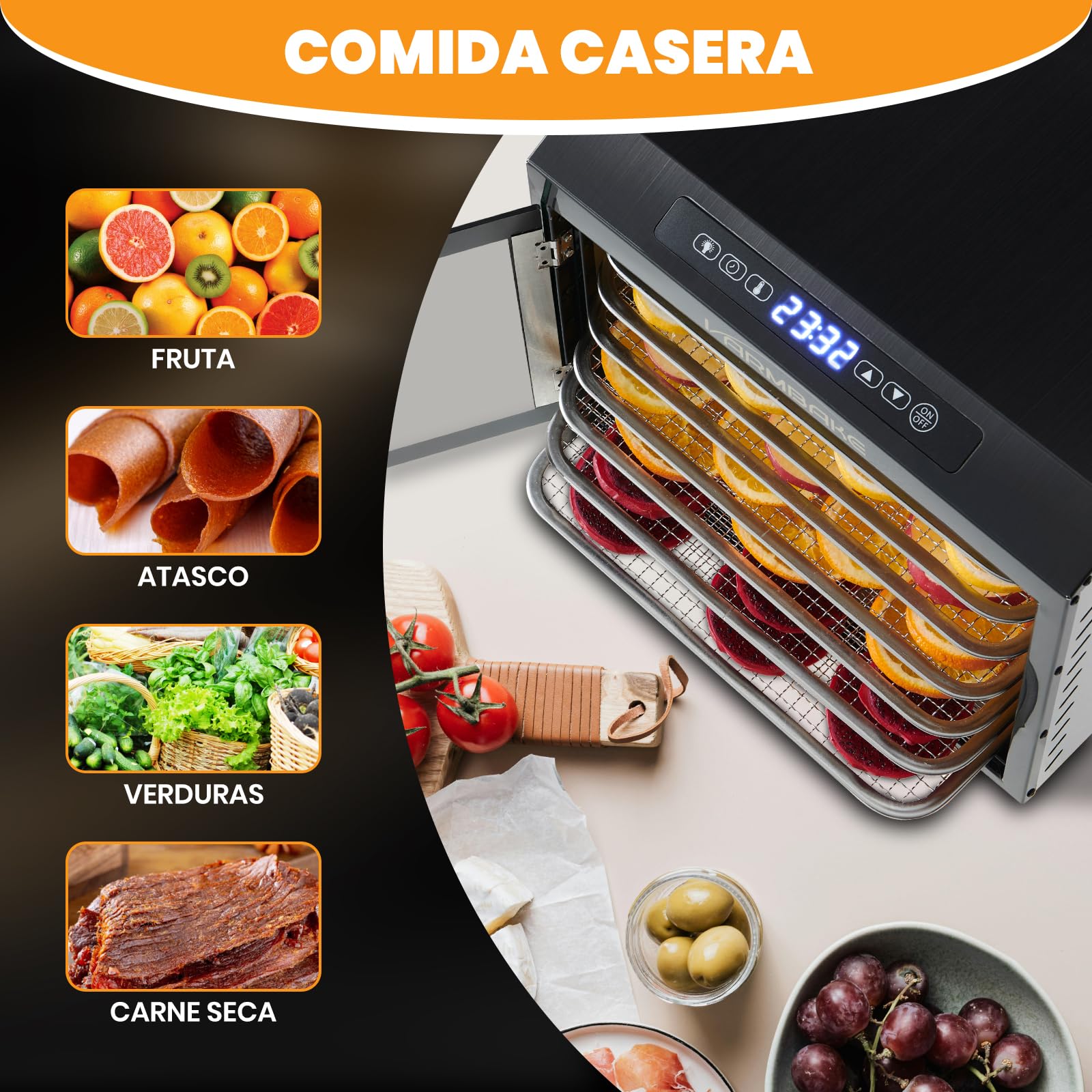7 Bandejas Deshidratador De Alimentos, Acero Inoxidable, Área De Secado De 0,56 M², 30-90 ℃ & 800W Deshidratador De Alimentos Para Frutas, Verduras Y Carne, Y 7 Bandejas (32 X 25 Cm)