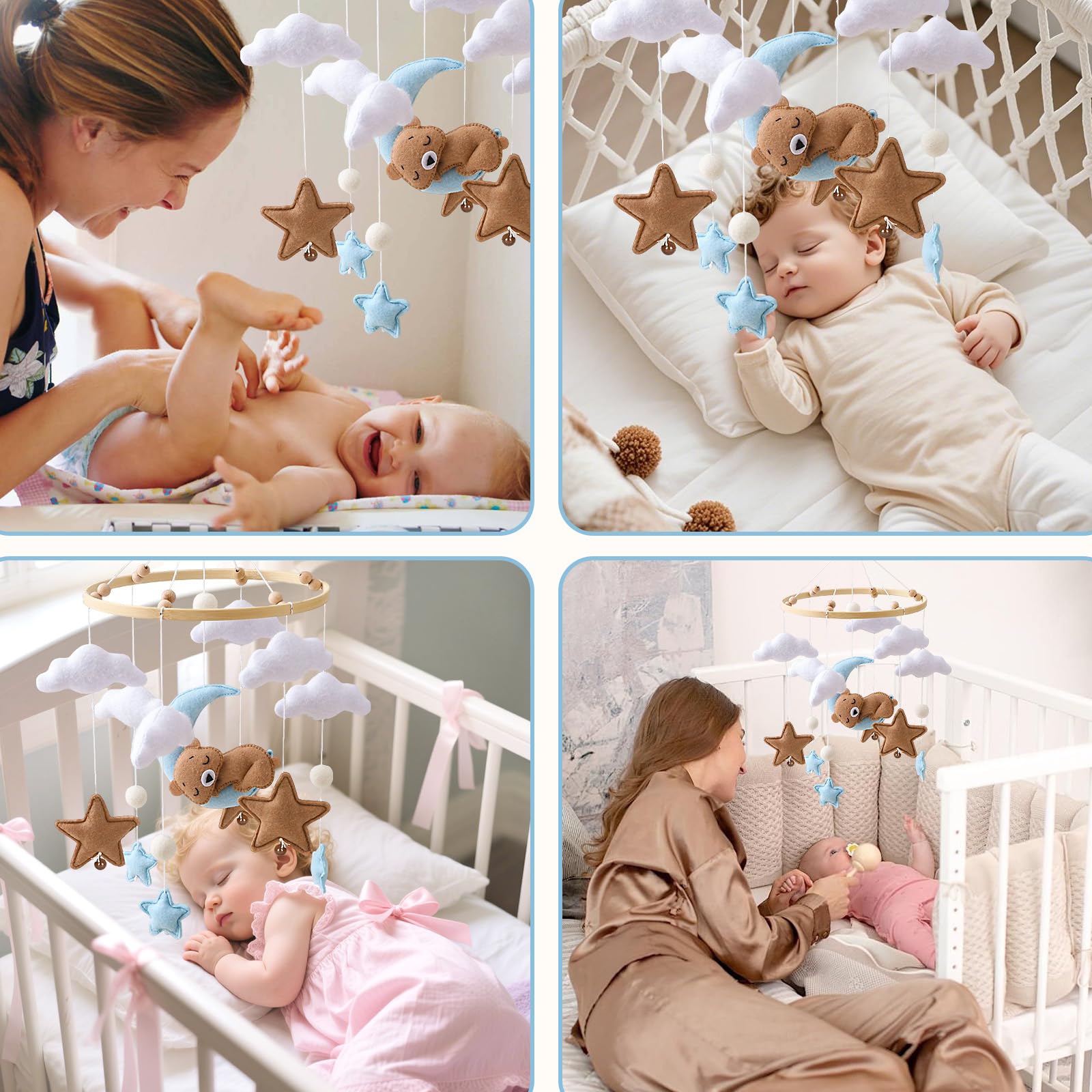Baby Campanelli Eolici Mobile in Feltro Giostrina Culla Neonato Legno Orso Nuvole Luna Stelle Campane Decorazione Regali Neonati