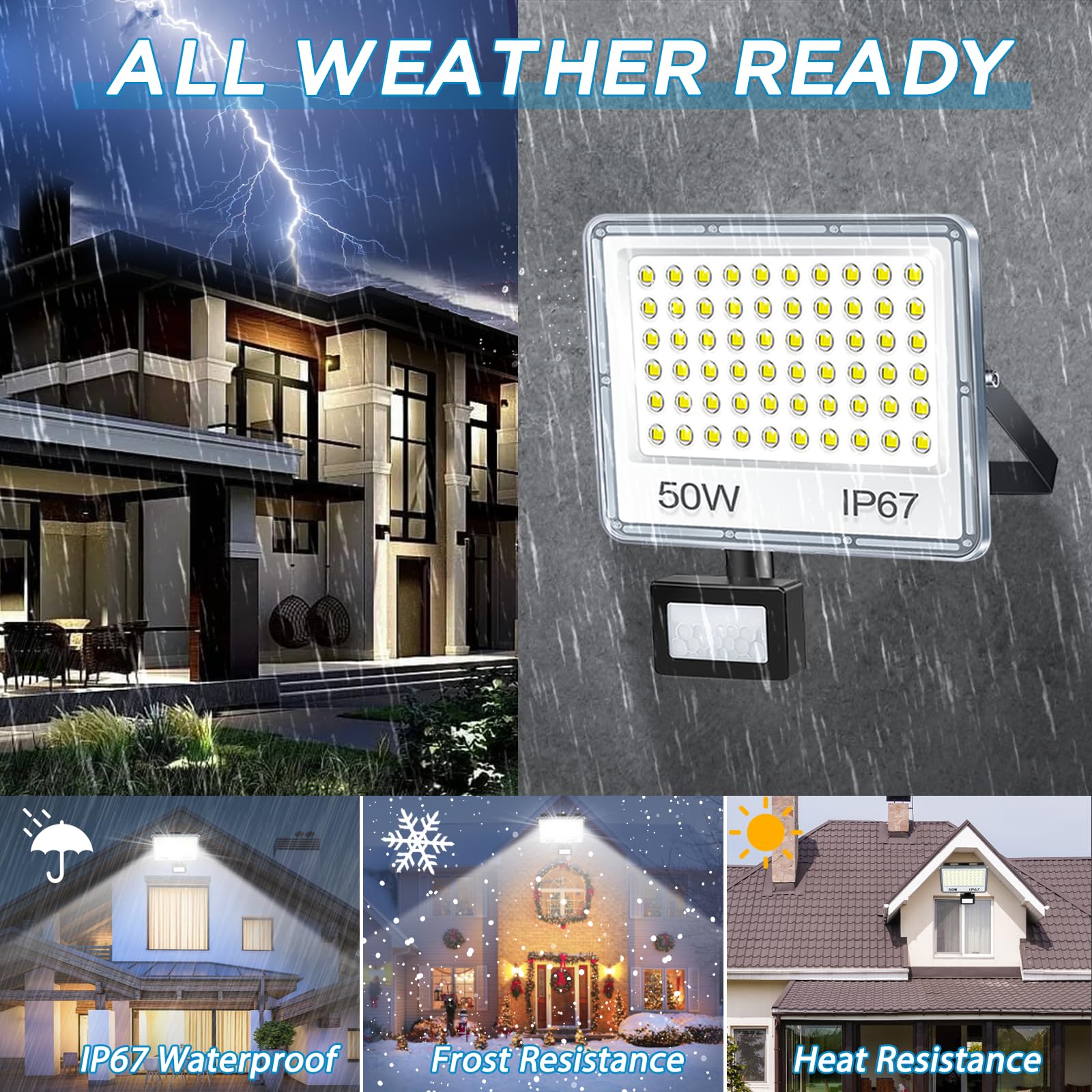 Faro LED Esterno con Sensore Movimento 50W 2 Pezzi, 5000LM Faretto con Sensore di Movimento, 7000K Faretto LED da Esterno, Impermeabile IP67 Luci per Giardino, Terrazza, Garage