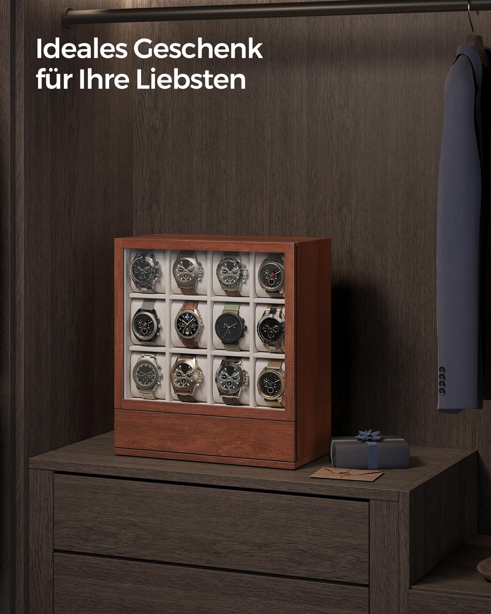 SONGMICS Uhrenbox 12 Fächer, mit Fenster, Massivholzfurnier | Uhrenkasten, Samtfutter, vertikale Aufbewahrung, platzsparend, Geschenkidee, kaffeebraun, ANICIA Kollektion JOW014K01
