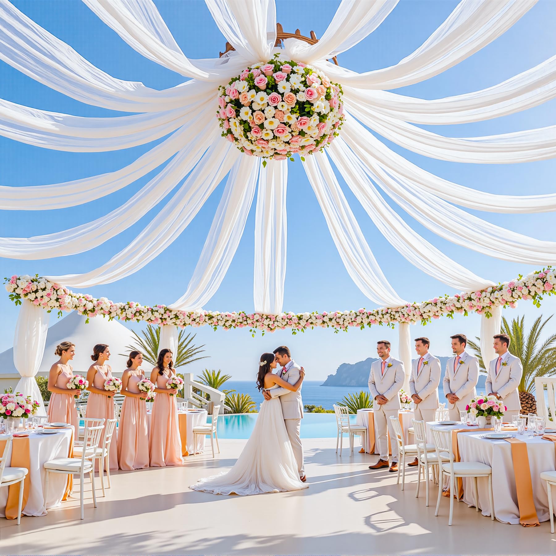 Weiße Hochzeitsdecken-Vorhänge, 8 Paneele, 1,5 x 6,1 m, transparenter Stoff mit Aufhängetasche, weiße Decken-Drapierung, geeignet für Hochzeitsbogen, Geburtstag, Babyparty, Empfang, Bühnendekorationen