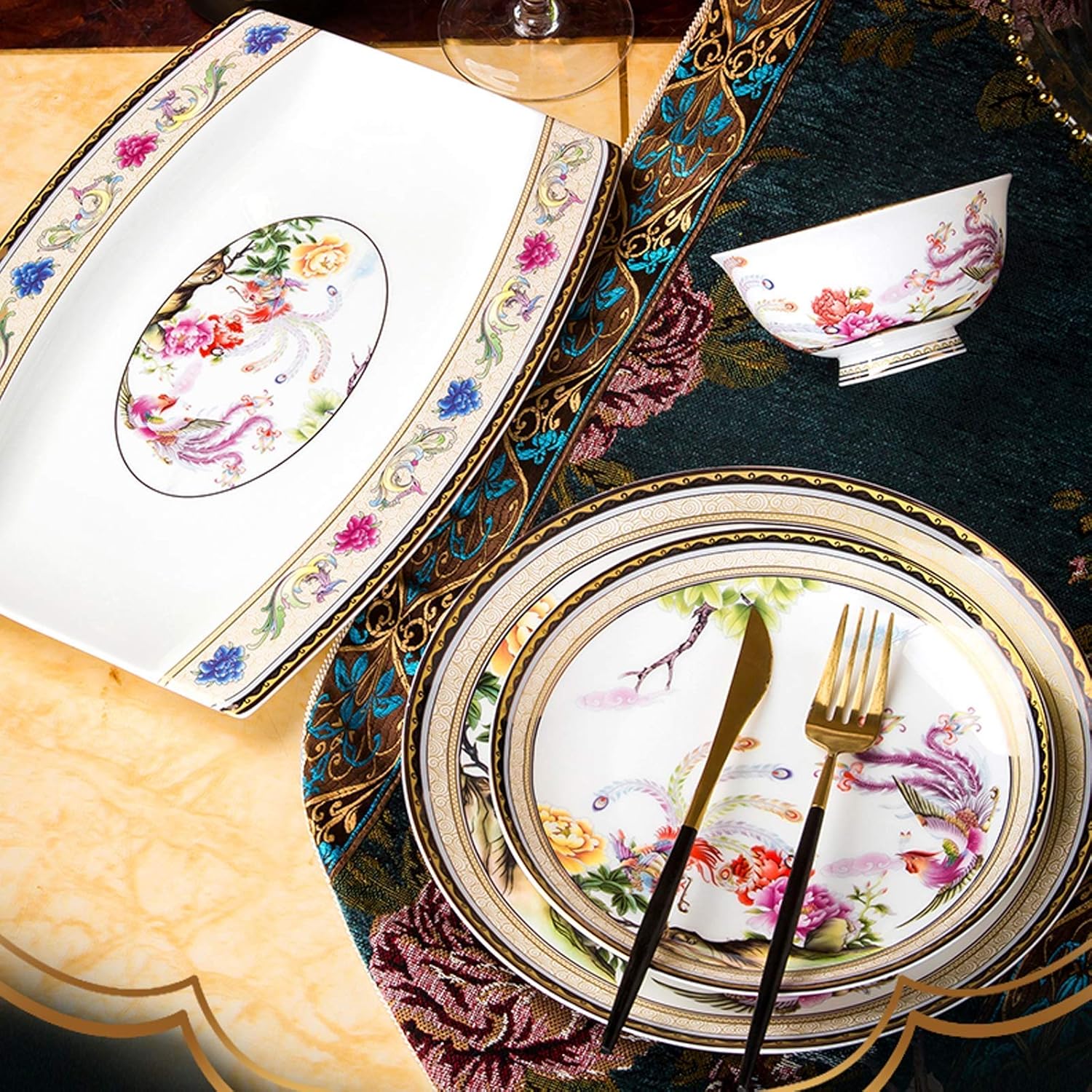 高級ディナーセット、ディナープレート セラミック食器セット、高級エナメル磁器スープポット/プレート/ボウル 50ピース ボーンチャイ