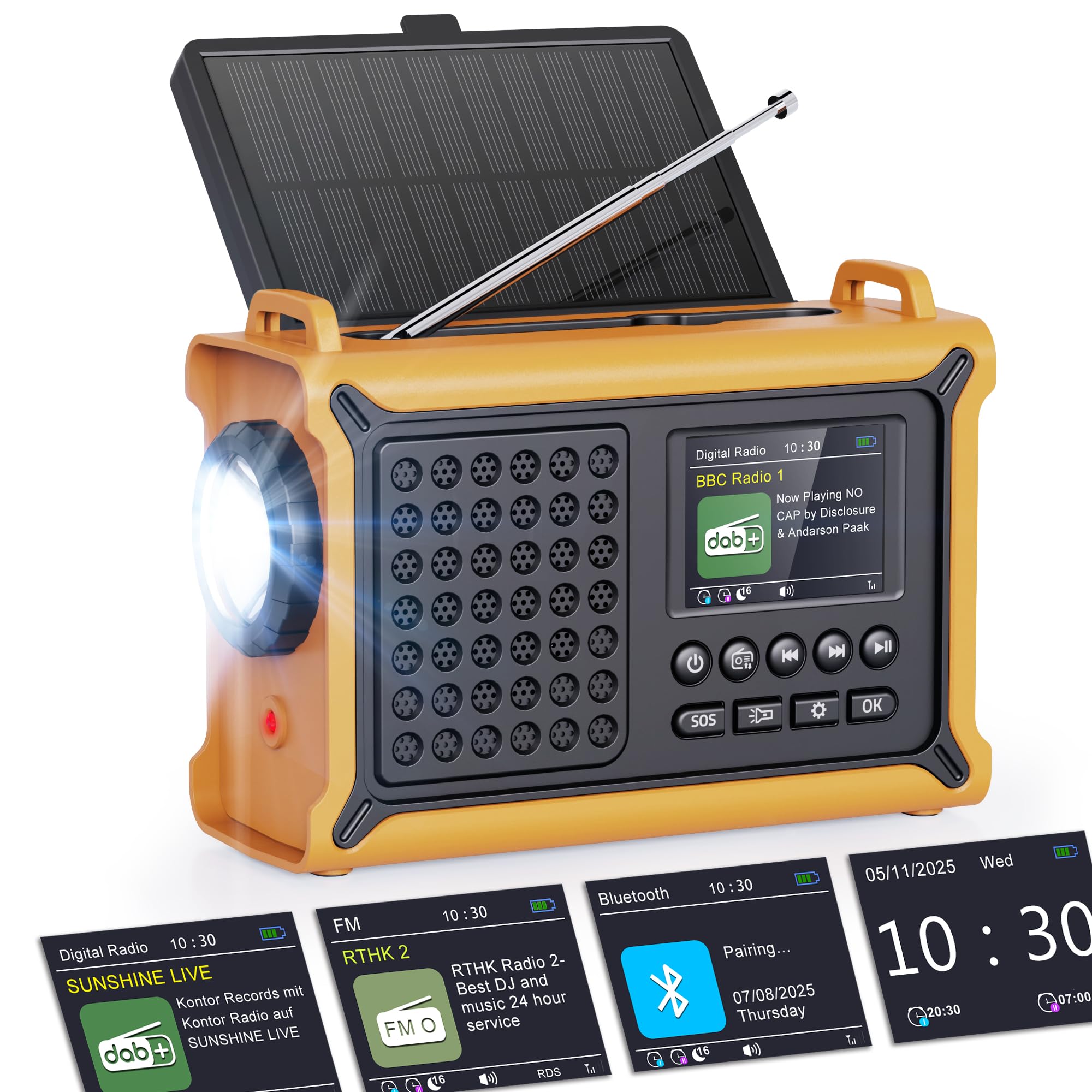 ROCAM Tragbares DAB+ Radio mit Bluetooth, 12000mAh Kurbelradio mit 8500mm² Solarpanel & 650mA Kurbel, DAB/UKW Digital Radio mit 2,4" Farbdisplay, 80 Sender, LED-Taschenlampe, SOS, IPX6 für Notfälle