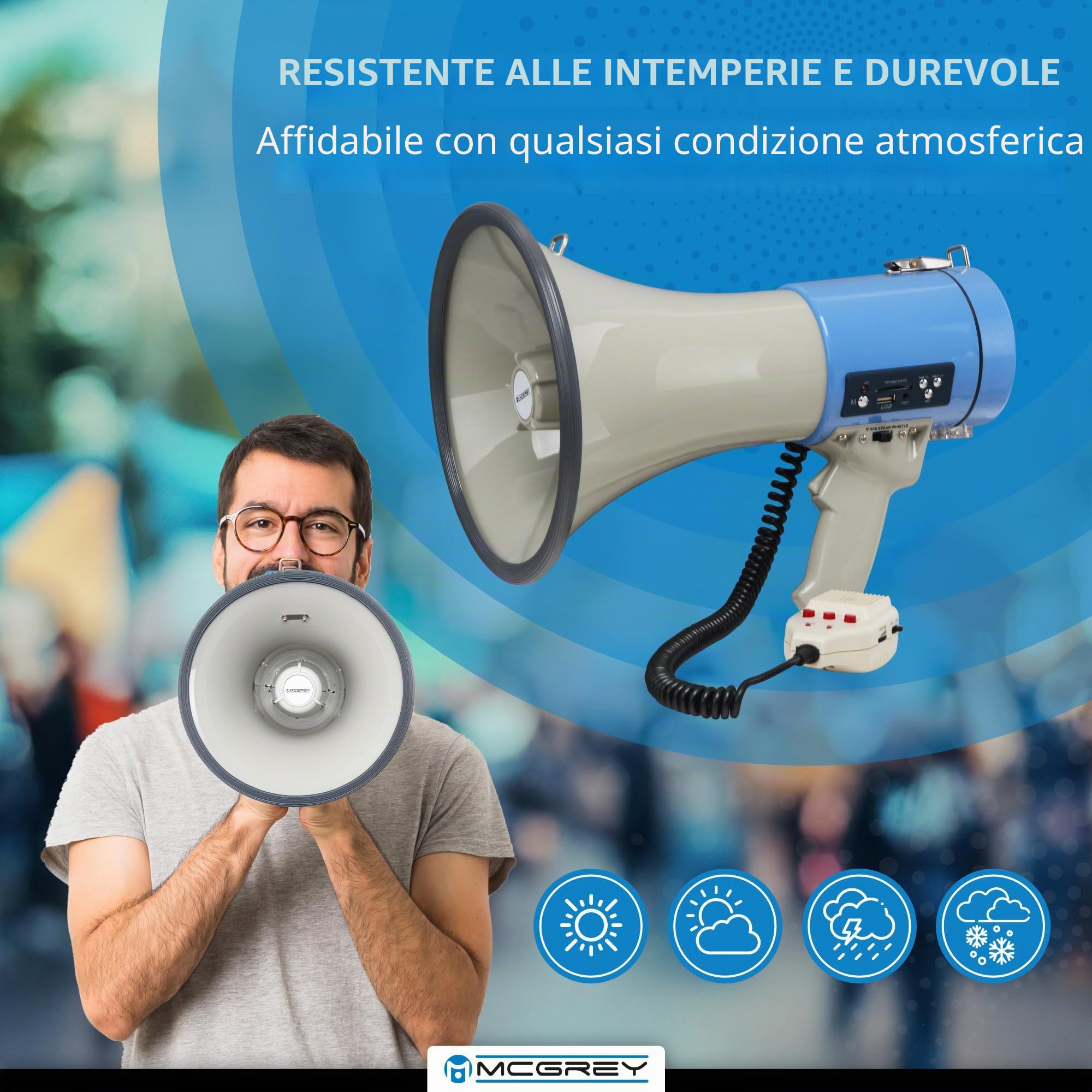 McGrey MP-800HRS megafono portatile 25W RMS/80W MAX, portata 1000m, microfono, sirena, fischietto, registrazione, lettore USB/SD/AUX-MP3, batteria, grigio/blu.