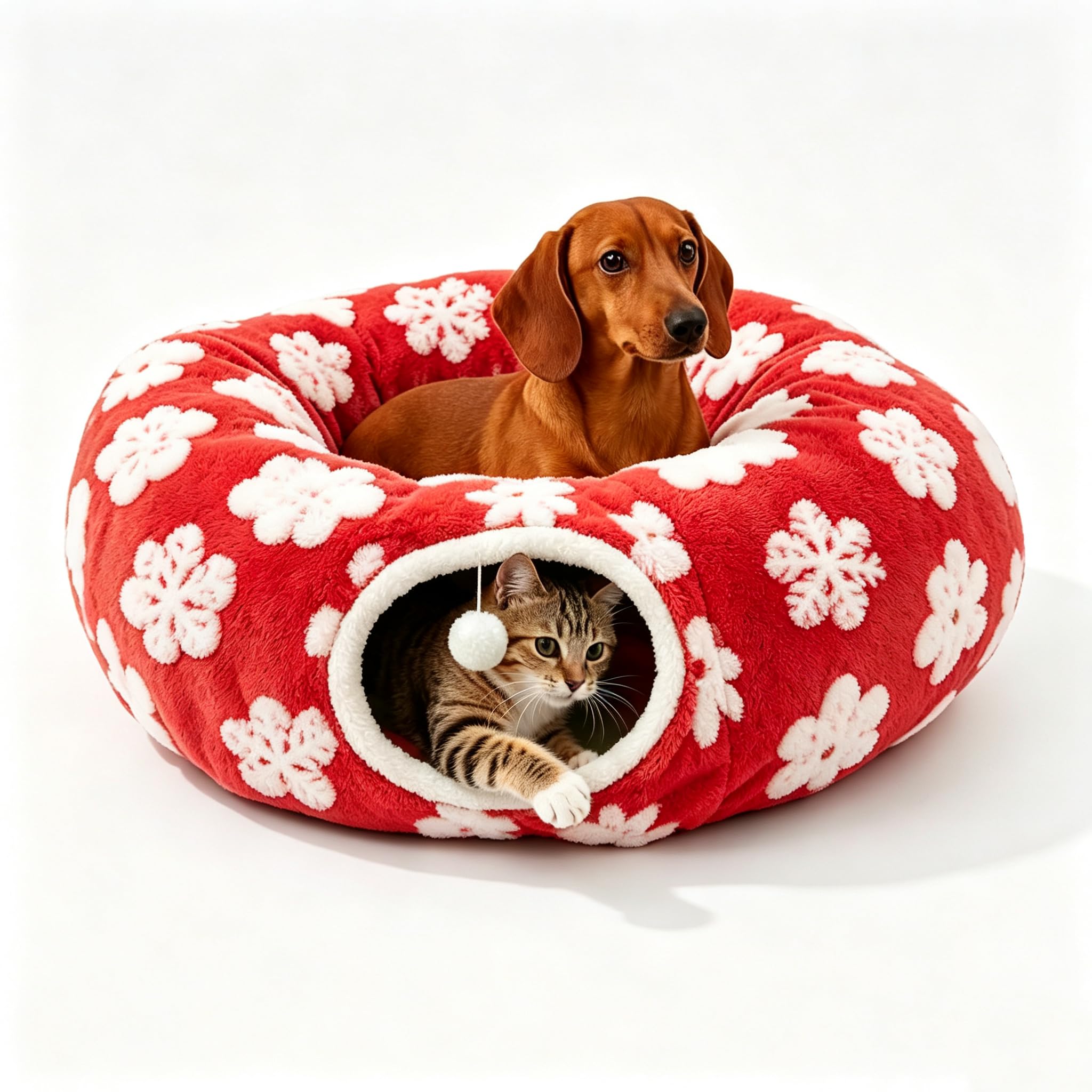 Dachshund Tunnel Bed, 2027 Tunnel Bed for Dachshund Dog，Xmas Red B