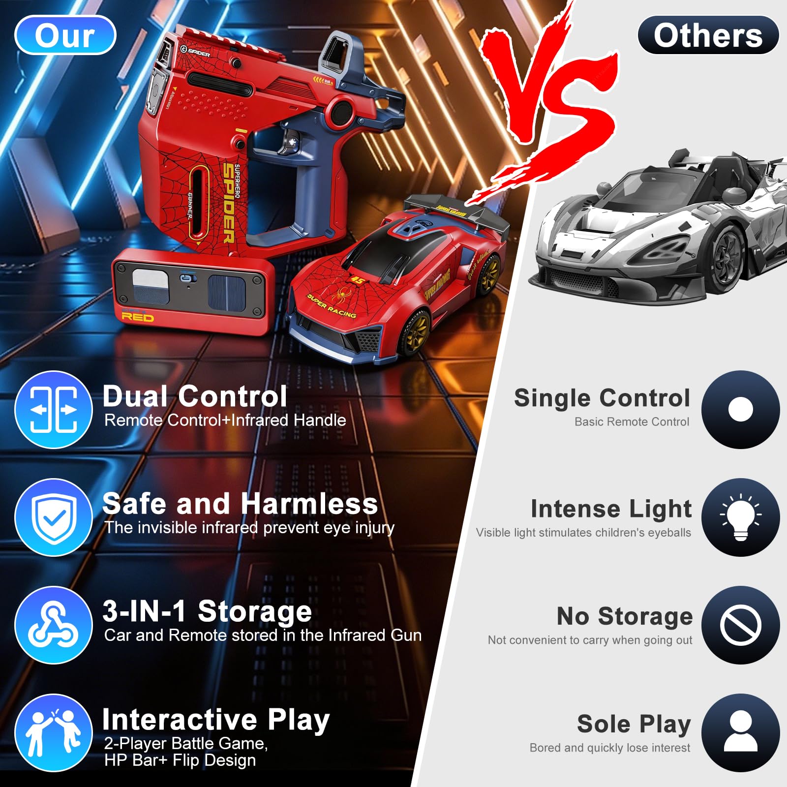 Auto telecomandata 3 in 1 con pistola a infrarossi, effetti di tiro e flip, 2,4 GHz RC Drift Car Battle Set, 2 giocatori, telecomando interattivo, regalo per bambini e bambine