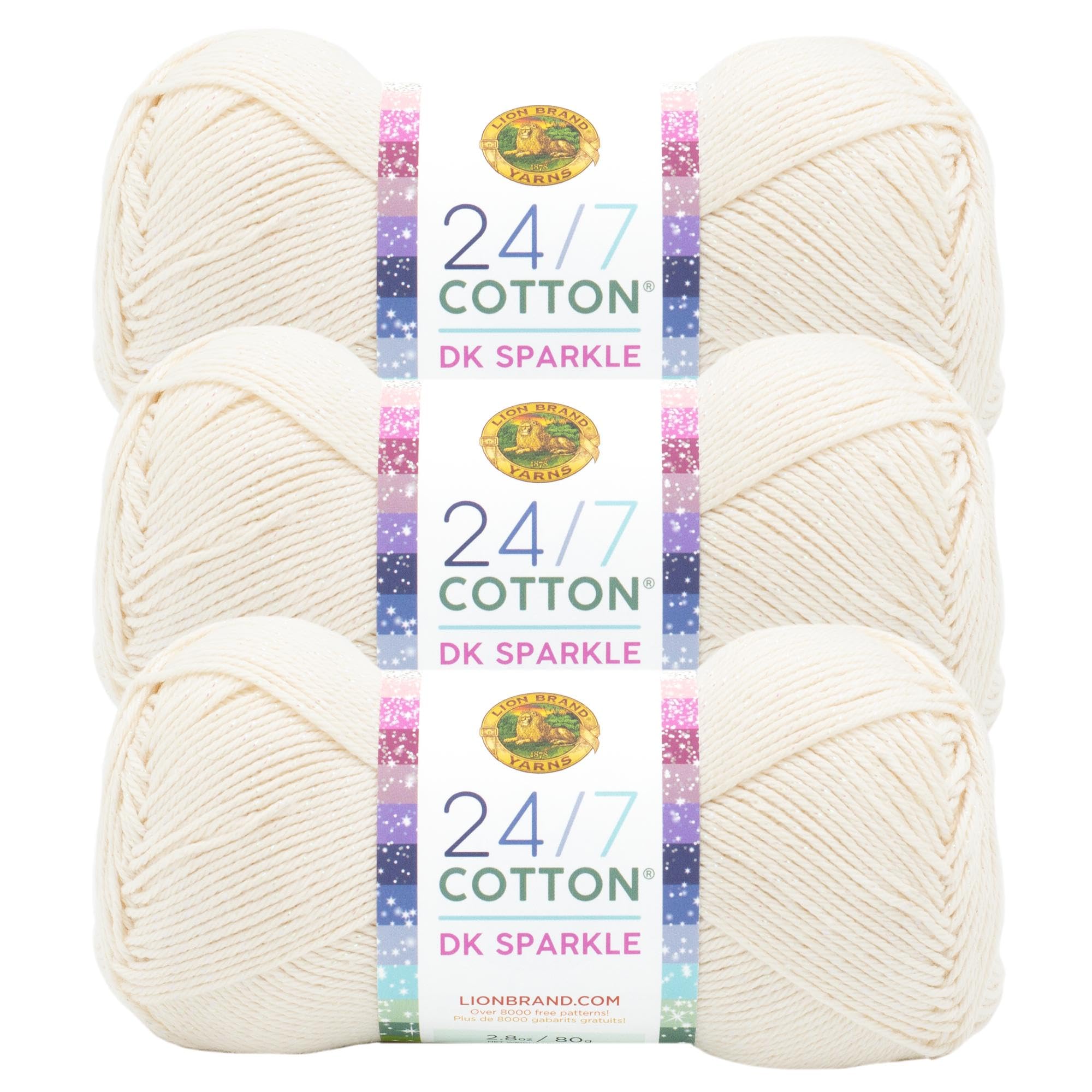 Lion Brand Yarn, 24/7 Cotton DK Crochet Yarn, Star, Metallic Cream, 3 Pack